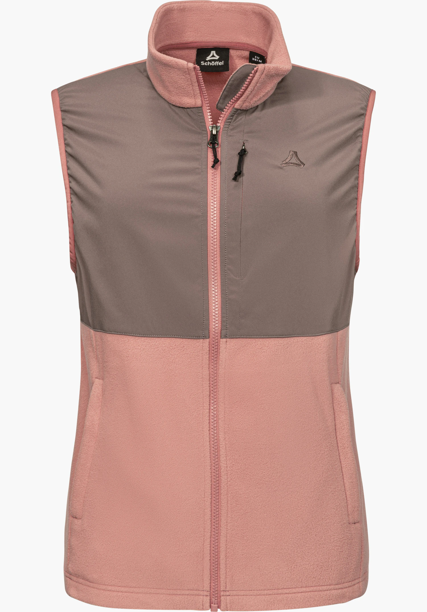 Fleece Vt Style Ash WMN vest in pink with a stand-up collar, full-length zipper, chest pocket and Schöffel logo, shown from the front and isolated on a white background.