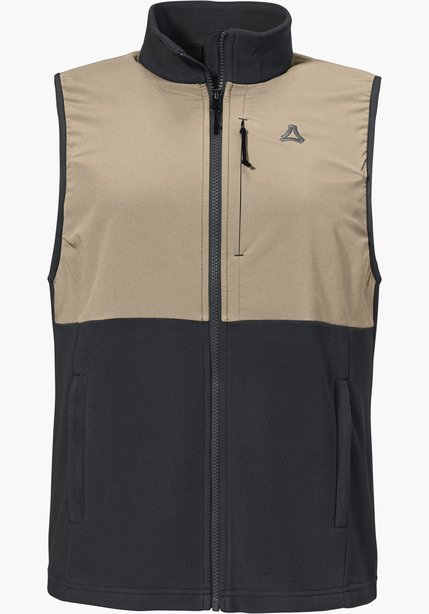Fleece Vt Style Ash WMN as a two-tone fleece gilet in black and beige with a full-length front zip, chest pocket, side pockets and Schöffel logo, isolated against a white background.