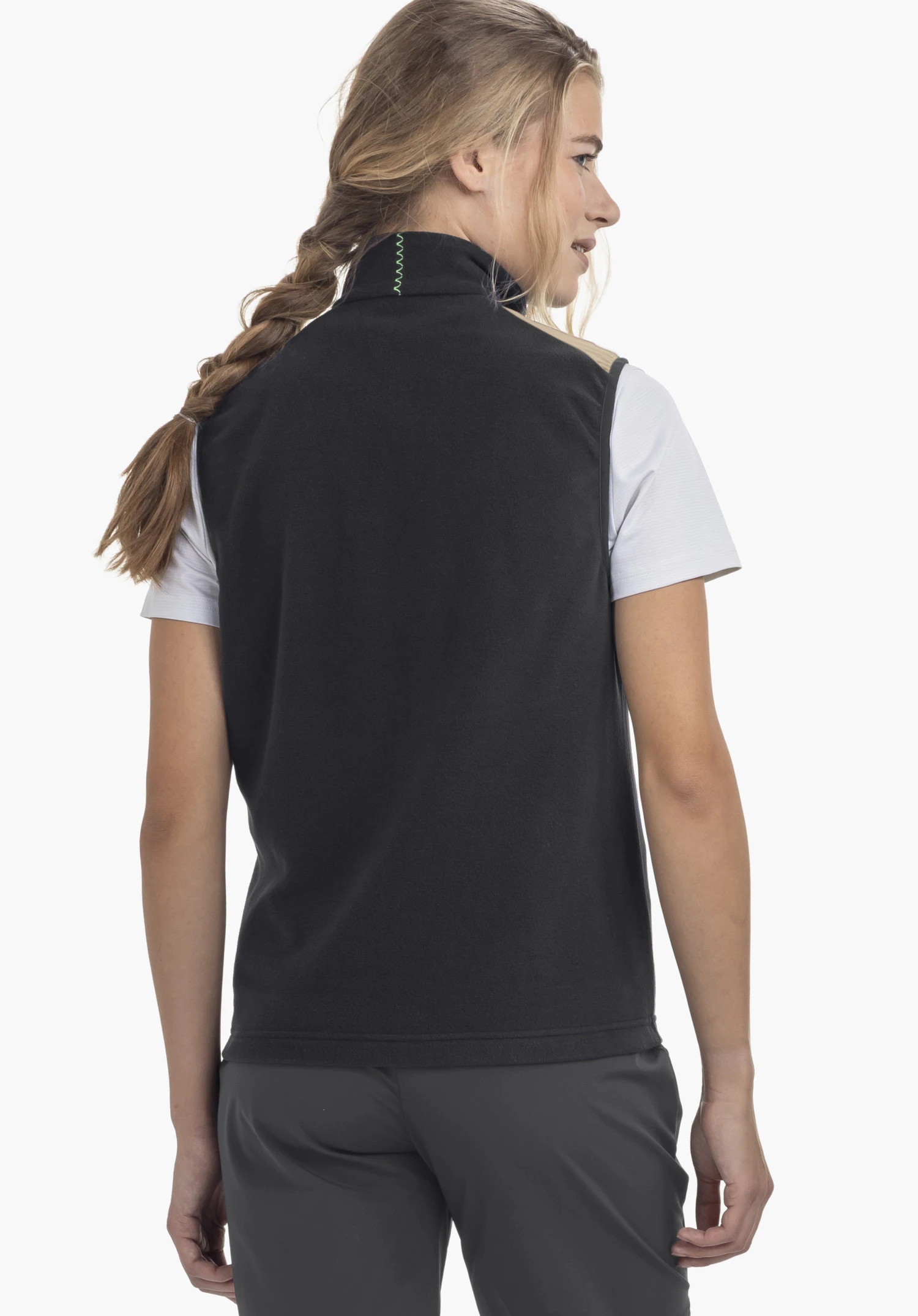 Fleece Vt Style Ash WMN in schwarz, getoond in achteraanzicht op een model tegen een neutrale achtergrond met zichtbaar Schöffel-logo op de kraag.