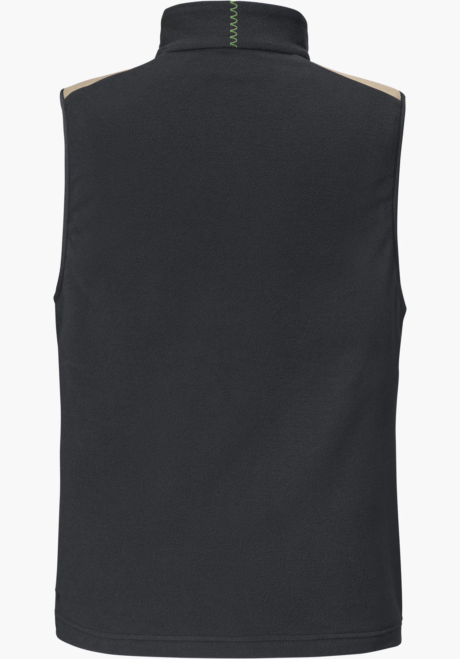 Fleece Vt Style Ash WMN in het zwart toont de achterkant met beige schouderstukken en een groene zigzagsteek in de nek, vrijstaand tegen een witte achtergrond.