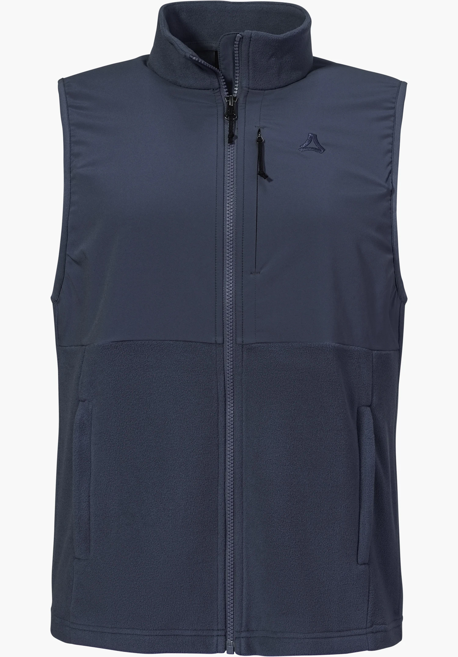 Fleece Vt Style Ash WMN in blue. The fleece gilet features a full front zip, a zipped chest pocket, two side pockets and the Schöffel logo on the chest, isolated on a white background.