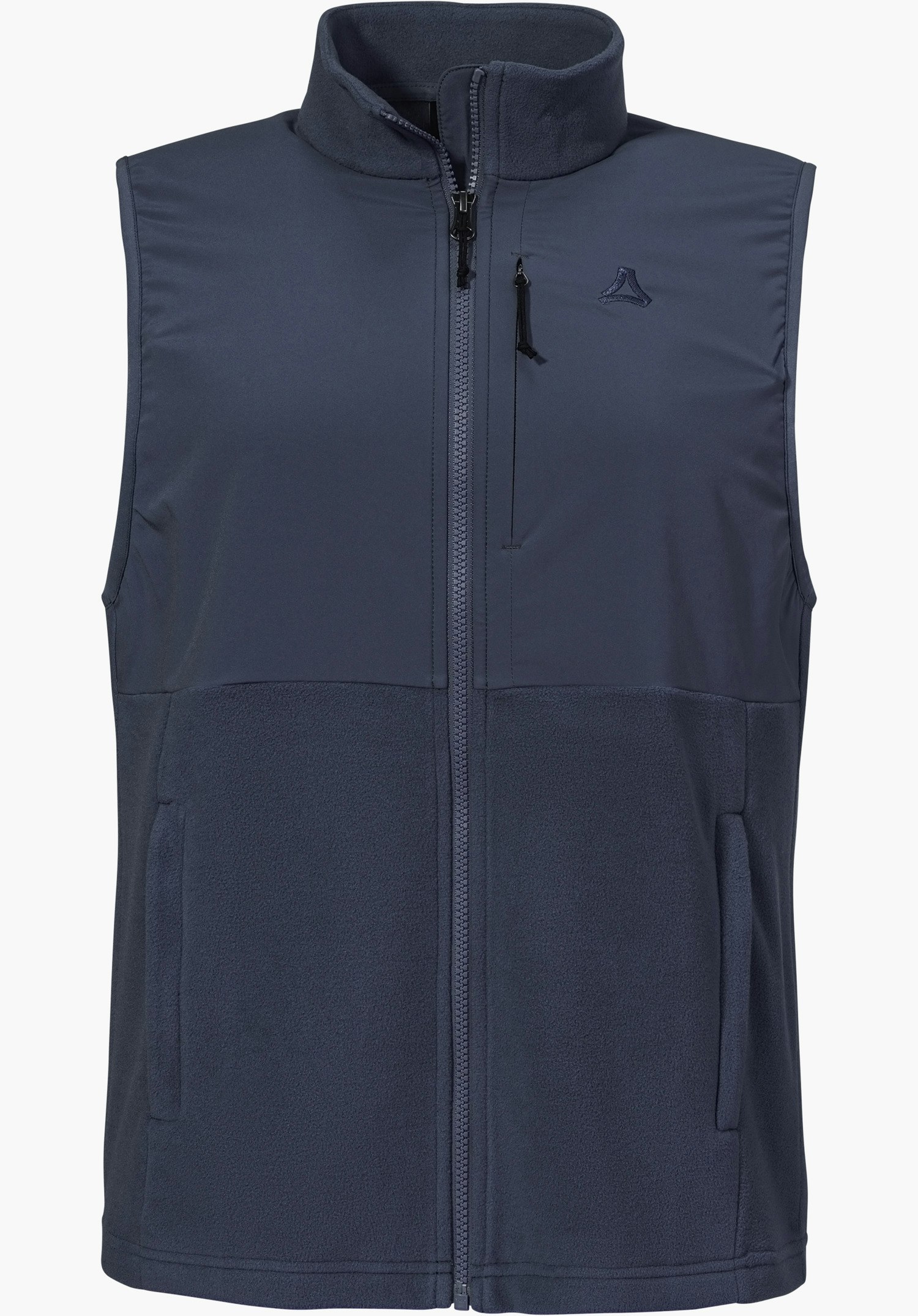Fleece Vt Style Ash WMN in blue. The fleece gilet features a full front zip, a zipped chest pocket, two side pockets and the Schöffel logo on the chest, isolated on a white background.