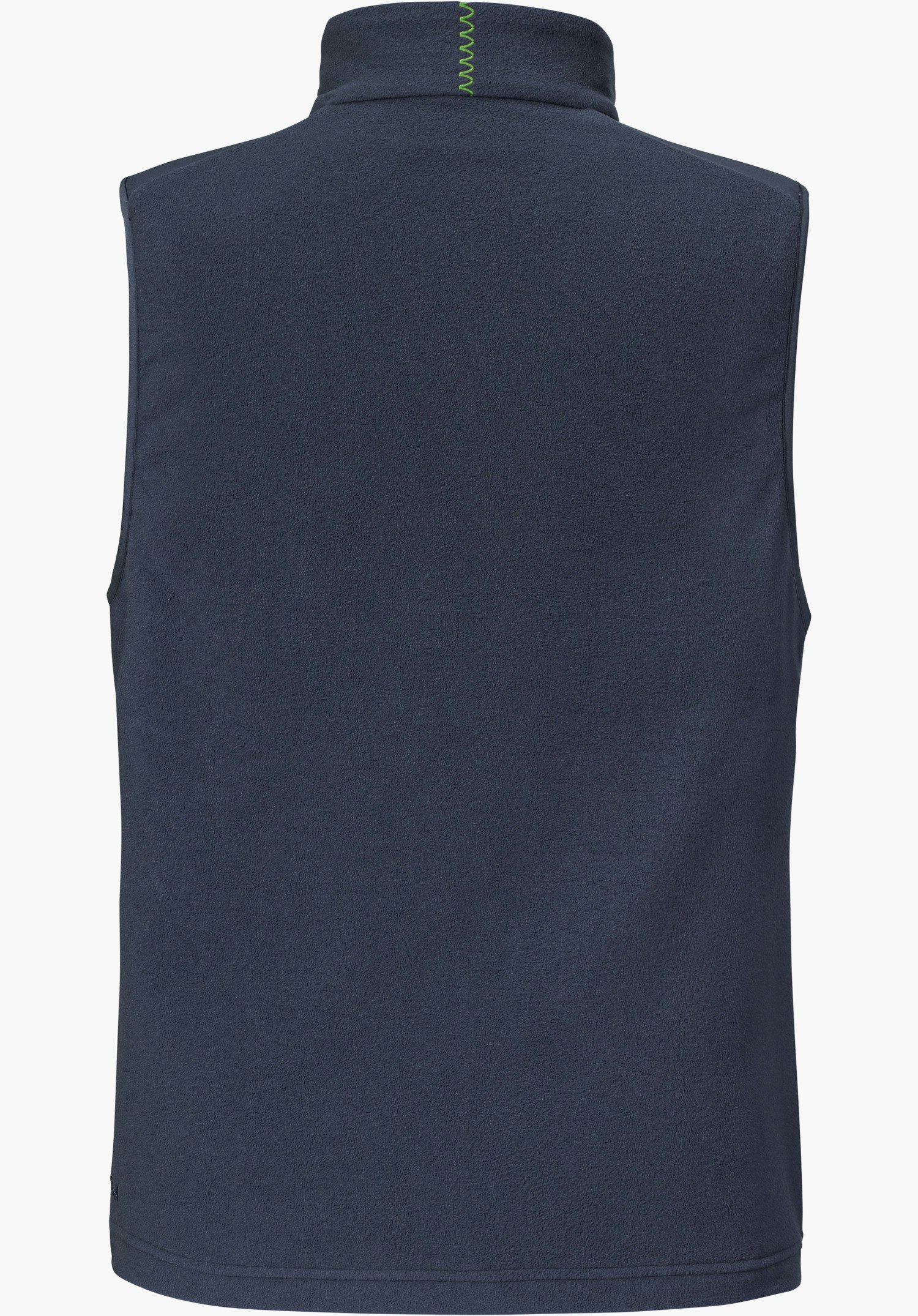 Fleece Vt Style Ash WMN in blue shown from the back with a striking green zigzag stitch on the collar, isolated on a white background.