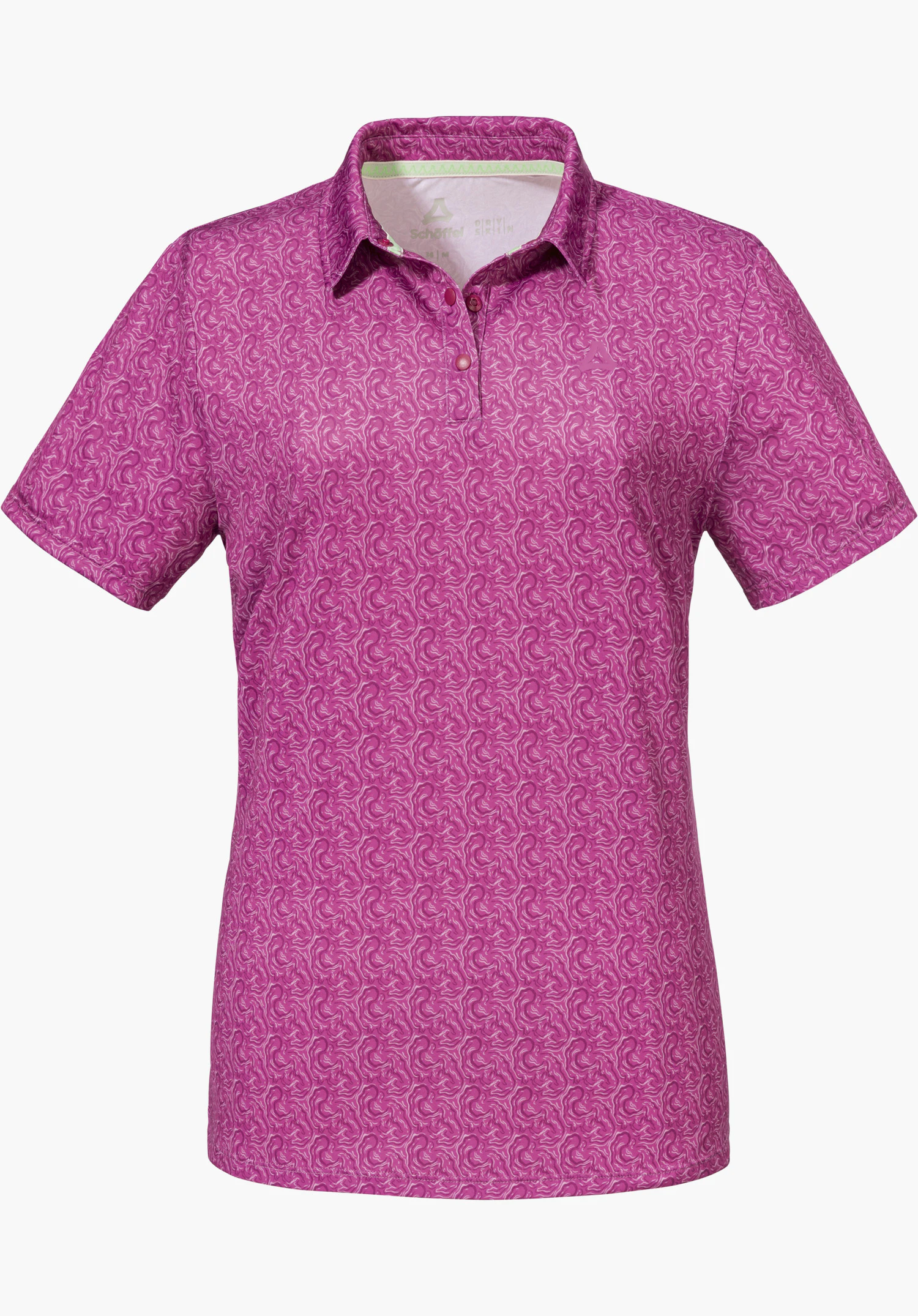 Polo Shirt Style Fraydo WMN in Pink mit feinem Allover-Muster, klassischem Kragen, kurzer Knopfleiste und dezentem Schöffel-Logo auf der Brust, freigestellt vor weißem Hintergrund.
