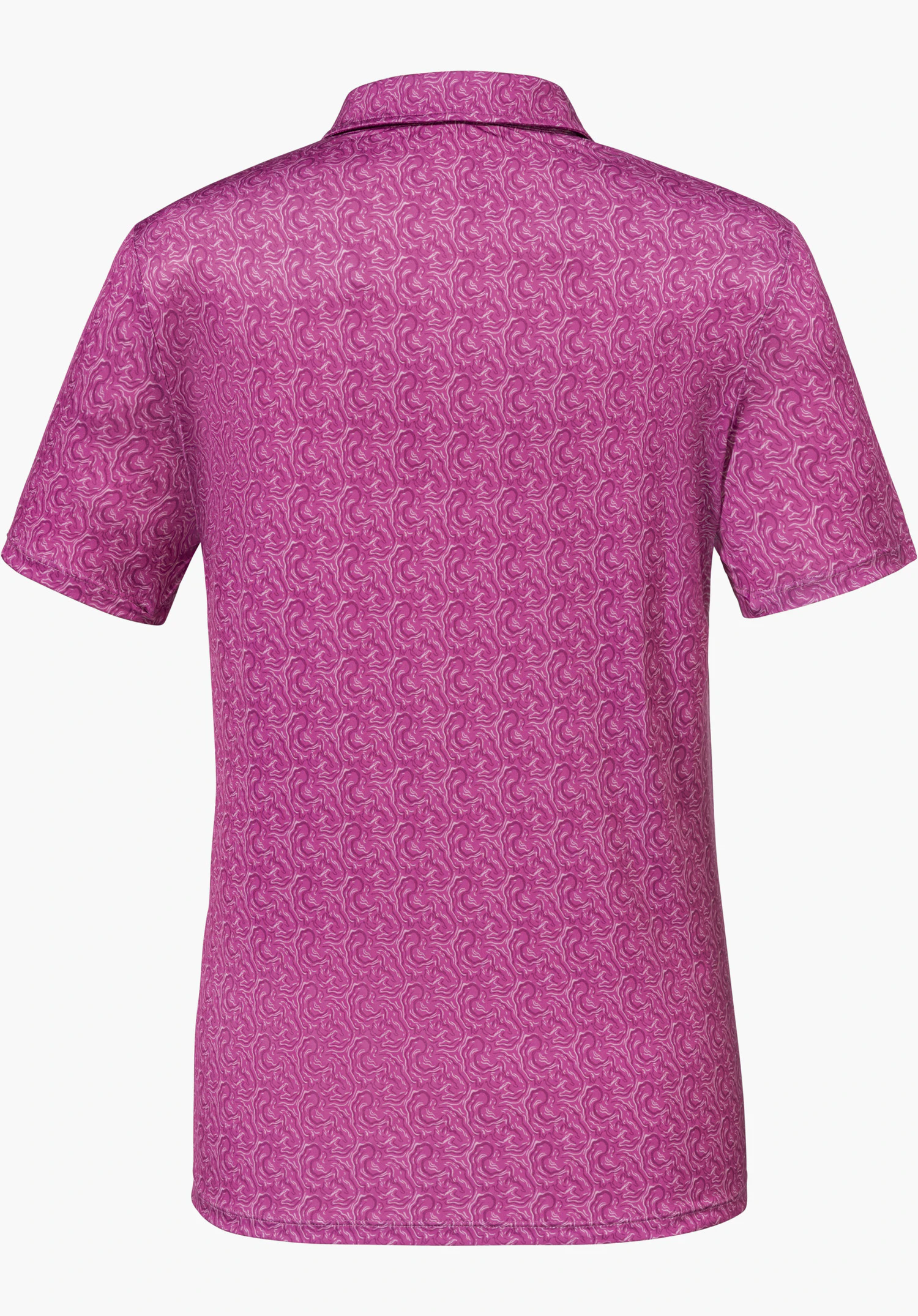 Polo Shirt Style Fraydo WMN in der Farbe Pink mit einem wellenartigen Muster, gezeigt von der Rückseite, freigestellt vor weißem Hintergrund.