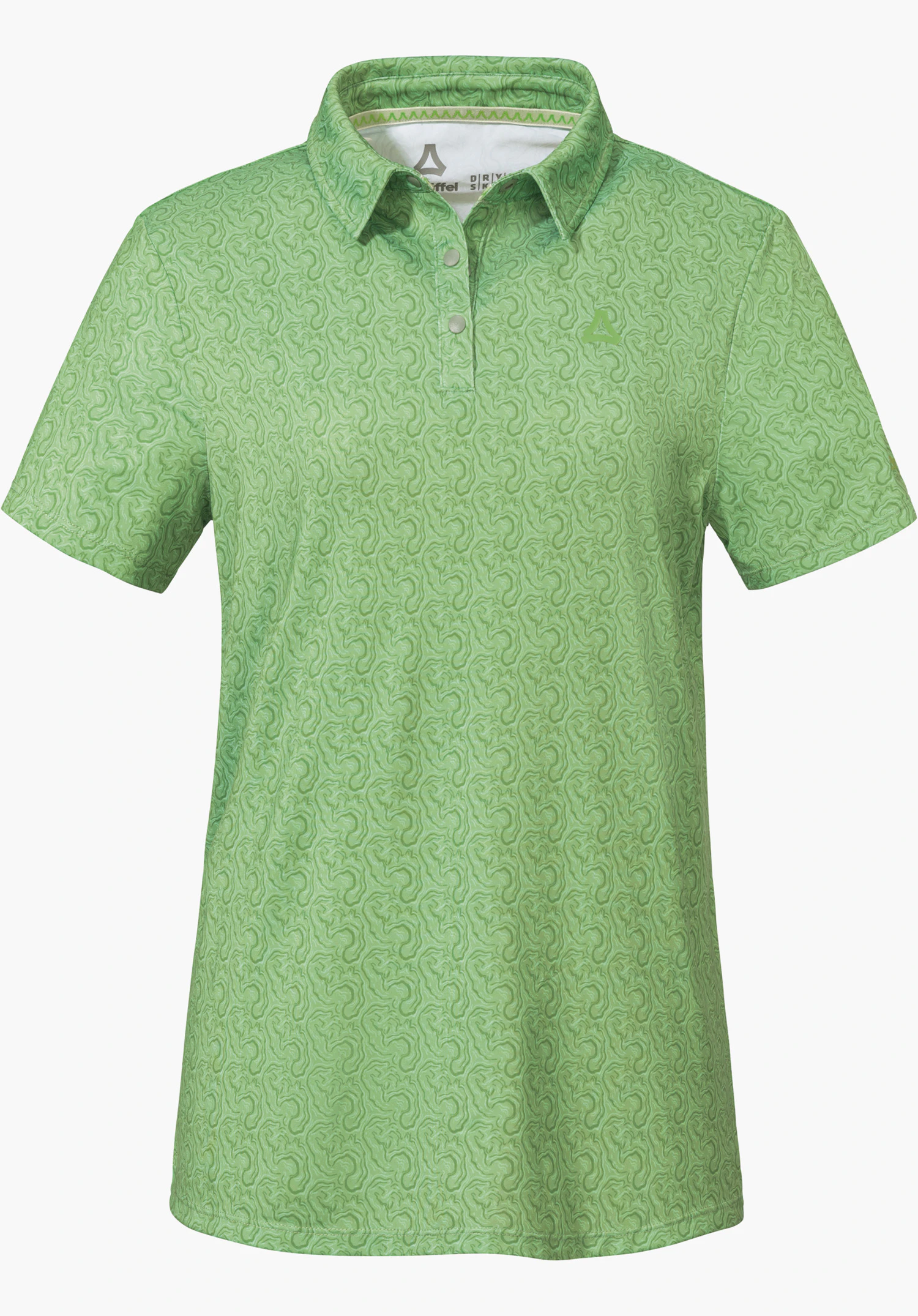 Polo Shirt Style Fraydo WMN in Grün mit dezentem Muster, kurzen Ärmeln, Polokragen, Knopfleiste und Schöffel-Logo auf der linken Brust, freigestellt vor weißem Hintergrund.