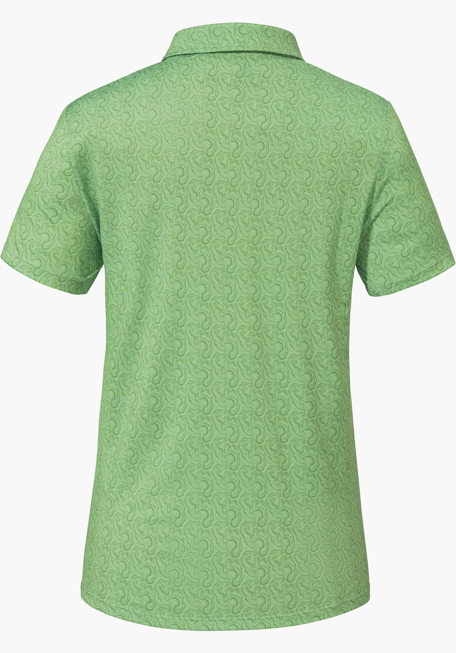 Polo Shirt Style Fraydo WMN in Grün mit durchgehendem Muster in der Rückansicht, freigestellt vor weißem Hintergrund.