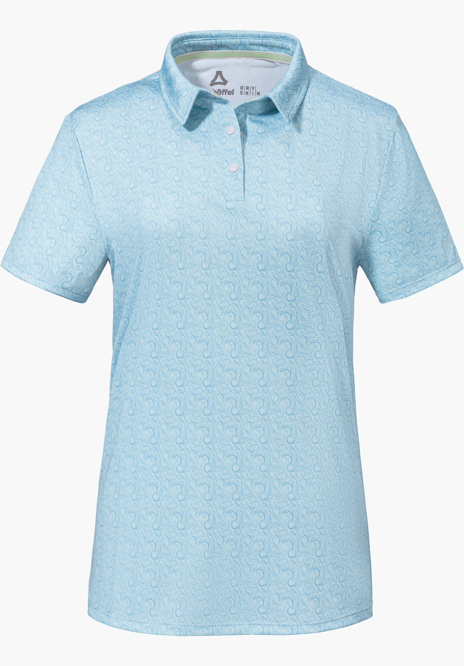 Polo Shirt Style Fraydo WMN en bleu avec un subtil motif ondulé, des manches courtes, une patte de boutonnage et le logo Schöffel visible à l'intérieur du col, détouré sur fond blanc.