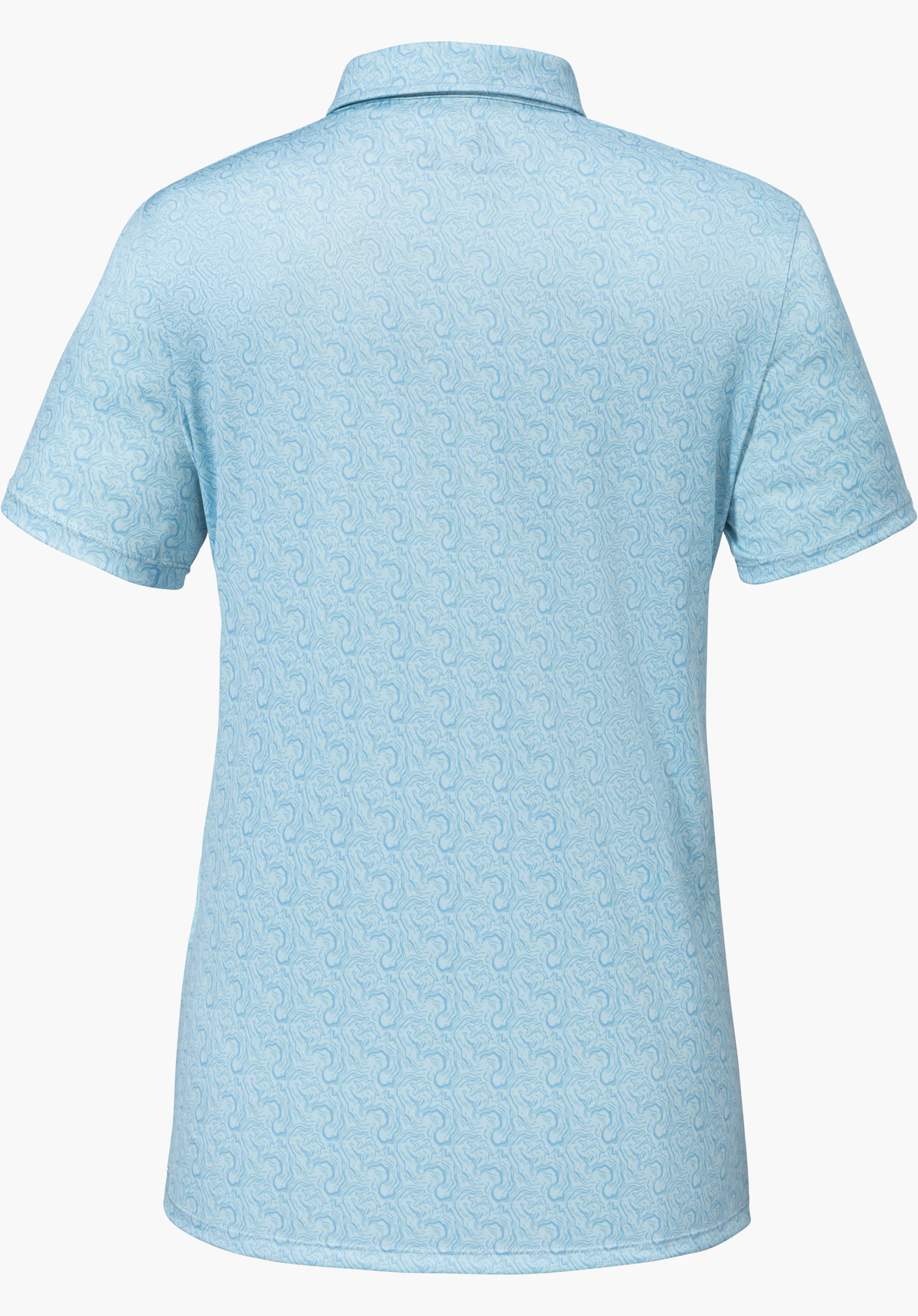 Polo Shirt Style Fraydo WMN dans la vue arrière bleue avec un fin motif ondulé, détouré sur fond blanc.