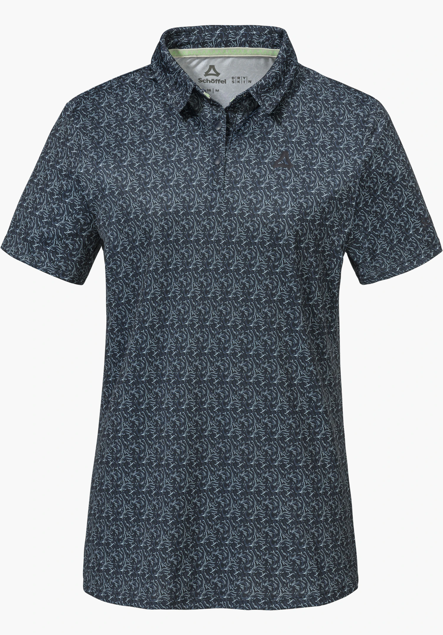 Polo Shirt Style Fraydo WMN in Blau mit einem feinen, wellenartigen Muster, kurzen Ärmeln, einer Knopfleiste und einem Schöffel-Logo auf der linken Brust, freigestellt vor weißem Hintergrund.