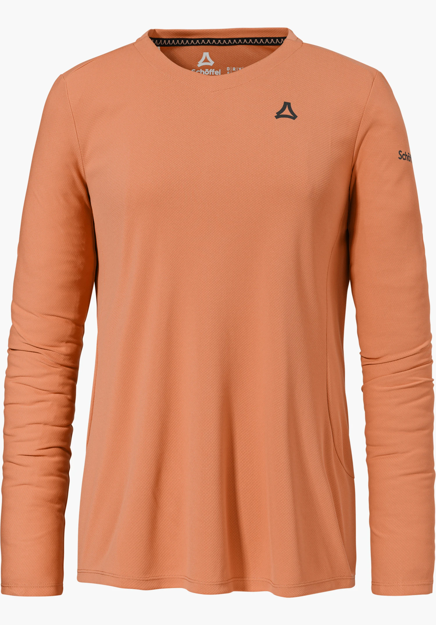 Longsleeve Style Enixa WMN en orange avec une encolure ronde, des manches longues et un petit logo Schöffel noir sur la poitrine gauche, détouré sur fond blanc.