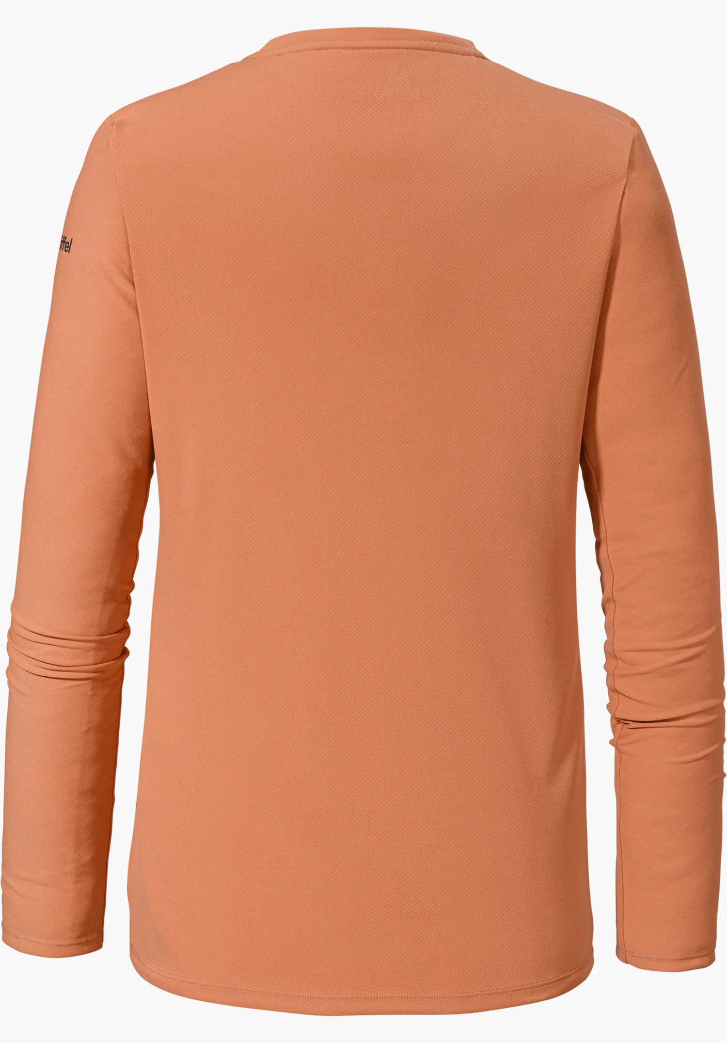 Longsleeve Style Enixa WMN de couleur orange vu de dos avec un logo Schöffel visible sur la manche gauche, détouré sur fond blanc.