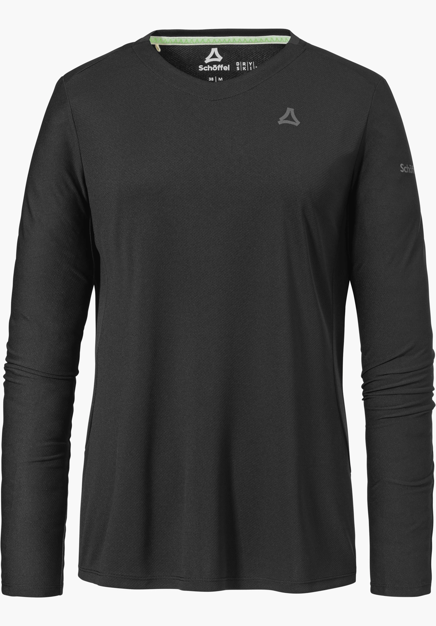 Longsleeve Style Enixa WMN in black with a subtle Schöffel logo on the chest and sleeve, isolated against a white background.