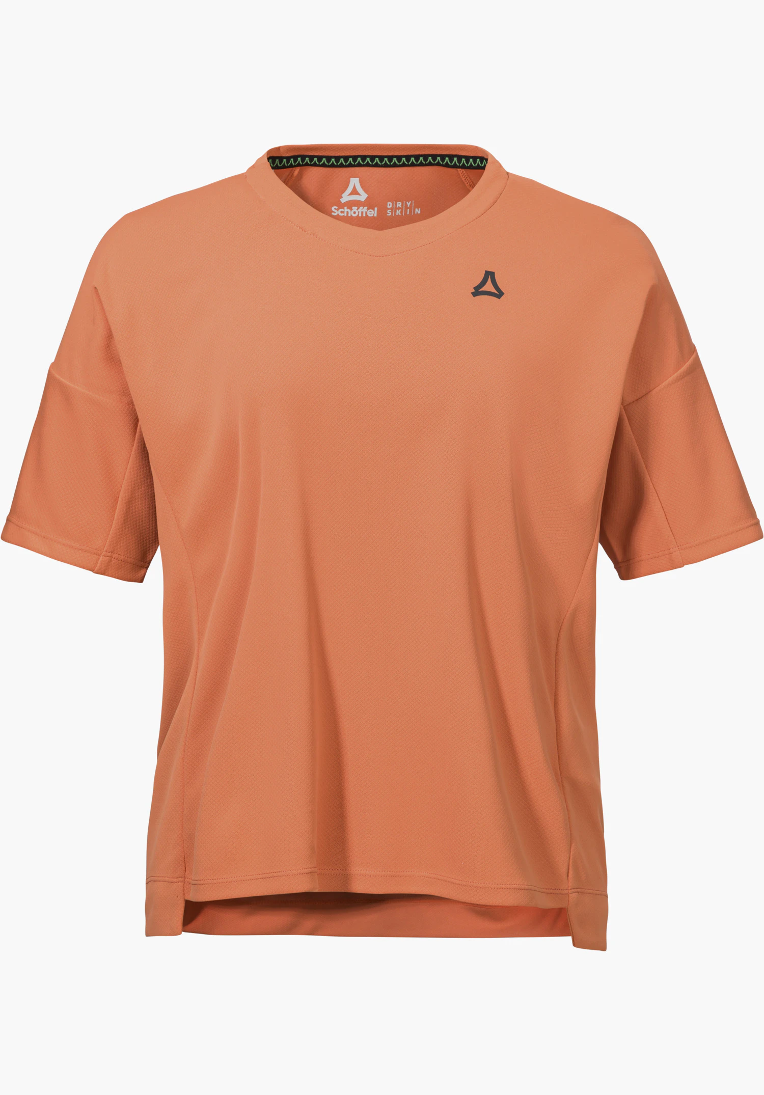 T Shirt Style Enixa WMN in Orange mit kurzen Ärmeln und einem Schöffel-Logo auf der linken Brust, freigestellt vor weißem Hintergrund.