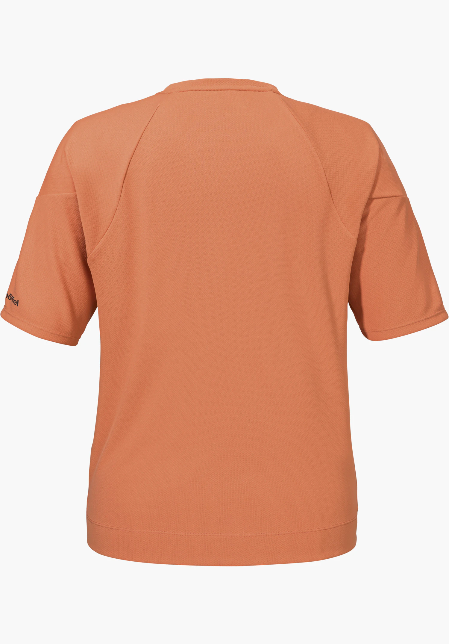 T Shirt Style Enixa WMN in orange, back view with a visible Schöffel-Logo on the sleeve, isolated on a white background.