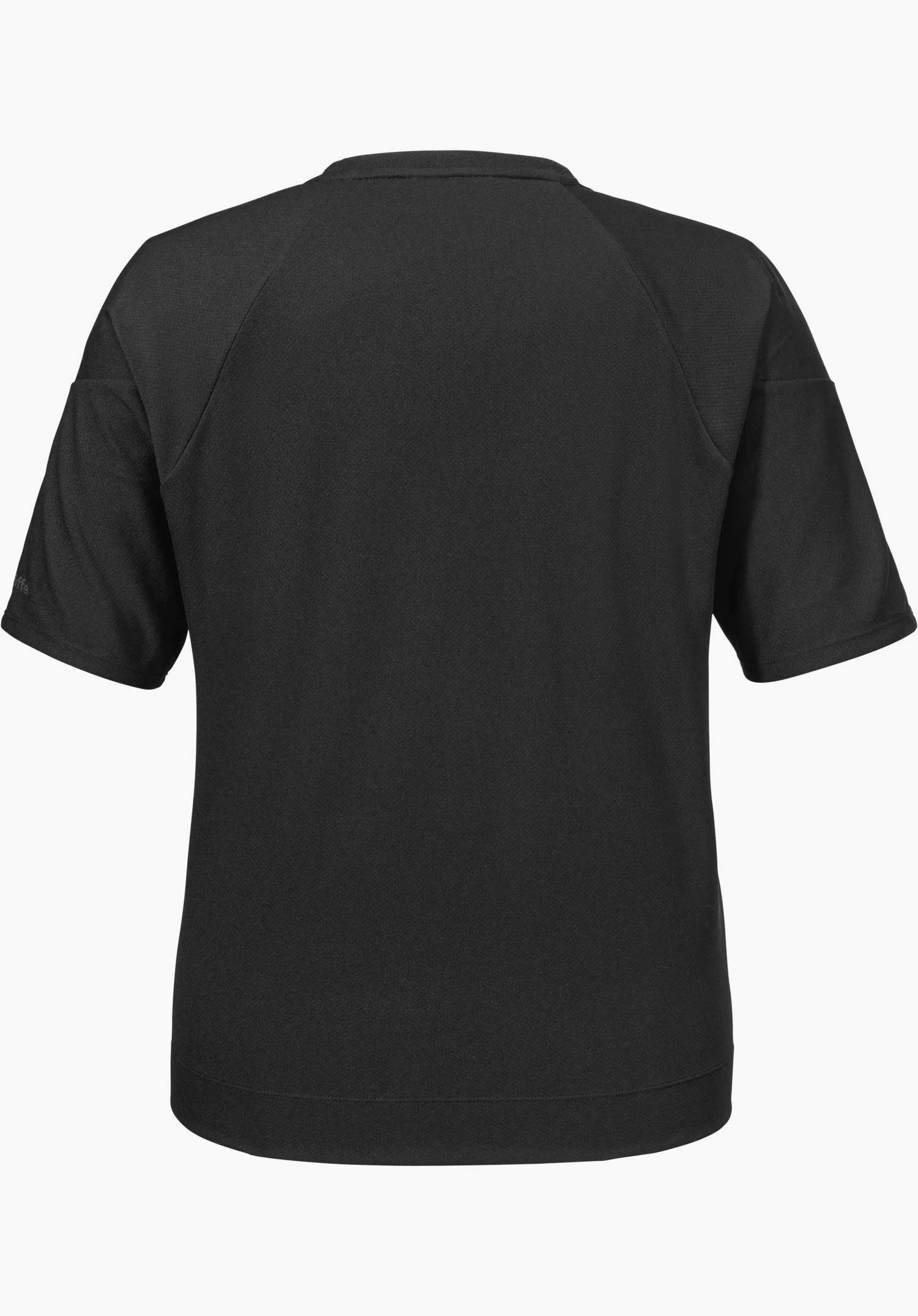 T Shirt Style Enixa WMN in black. The back view of the short-sleeved t-shirt shows a subtle Schöffel logo on the left sleeve, isolated on a white background.