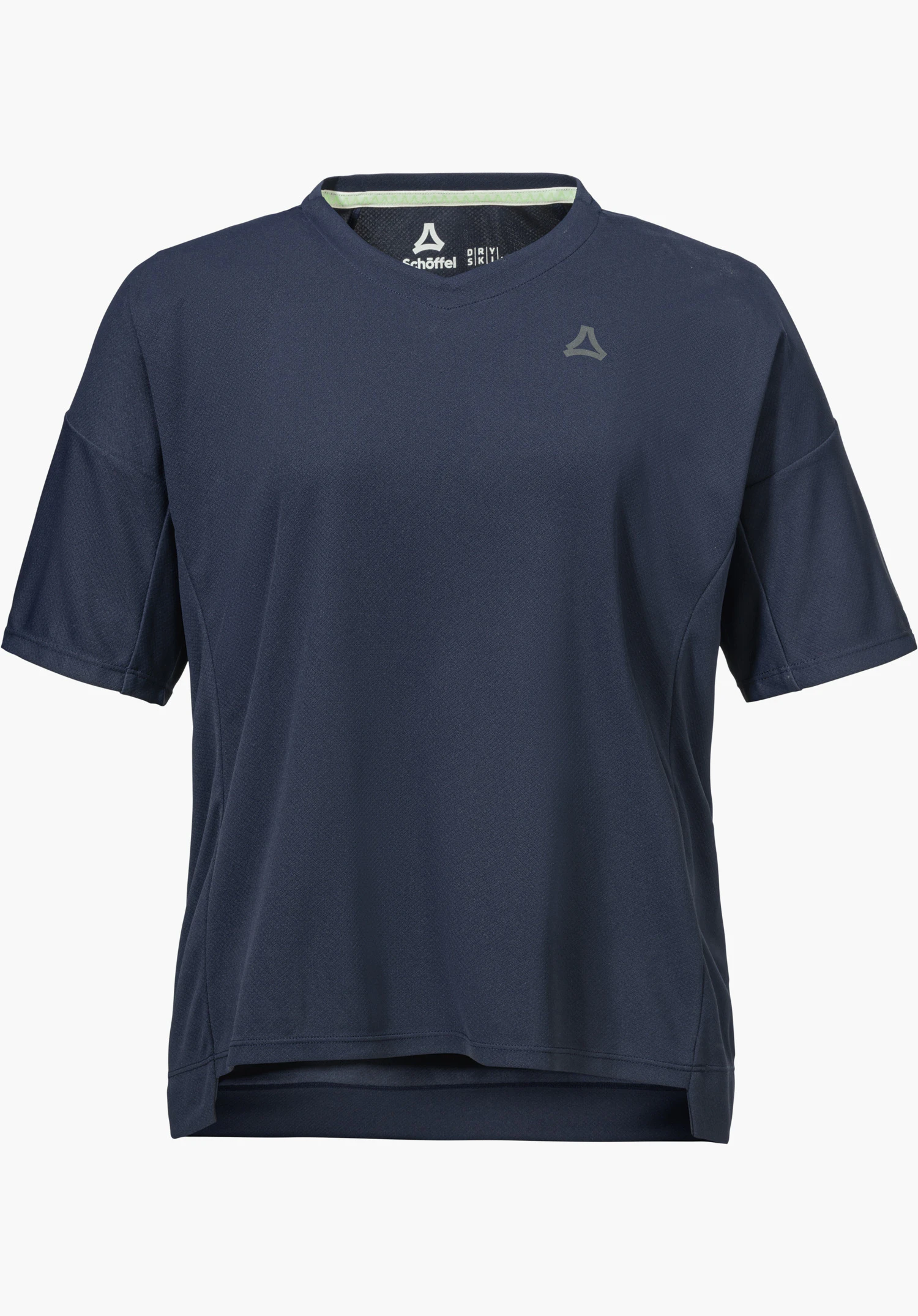 T Shirt Style Enixa WMN als ein blaues Kurzarmshirt mit leicht verlängertem Rückenteil und einem kleinen Schöffel-Logo auf der linken Brust, freigestellt vor weißem Hintergrund.