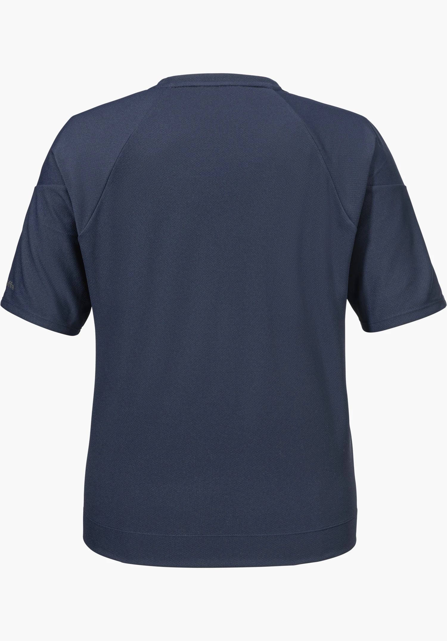 T Shirt Style Enixa WMN in Blau zeigt die Rückansicht mit dem Schöffel-Logo am linken Ärmel, freigestellt vor weißem Hintergrund.