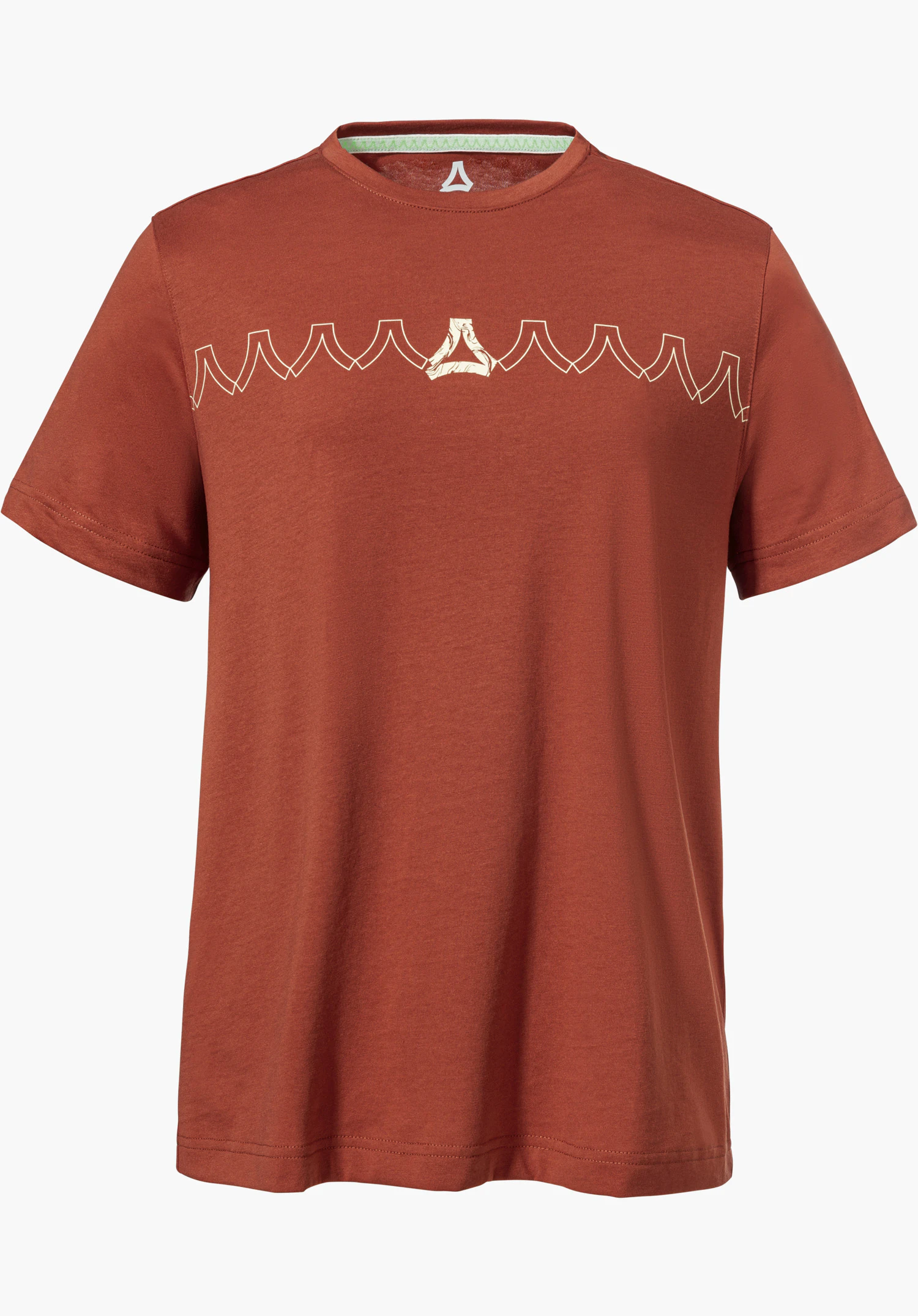 T Shirt Style Elmori WMN en rouge avec un motif graphique en zigzag et le logo Schöffel sur la poitrine, isolé sur fond blanc.