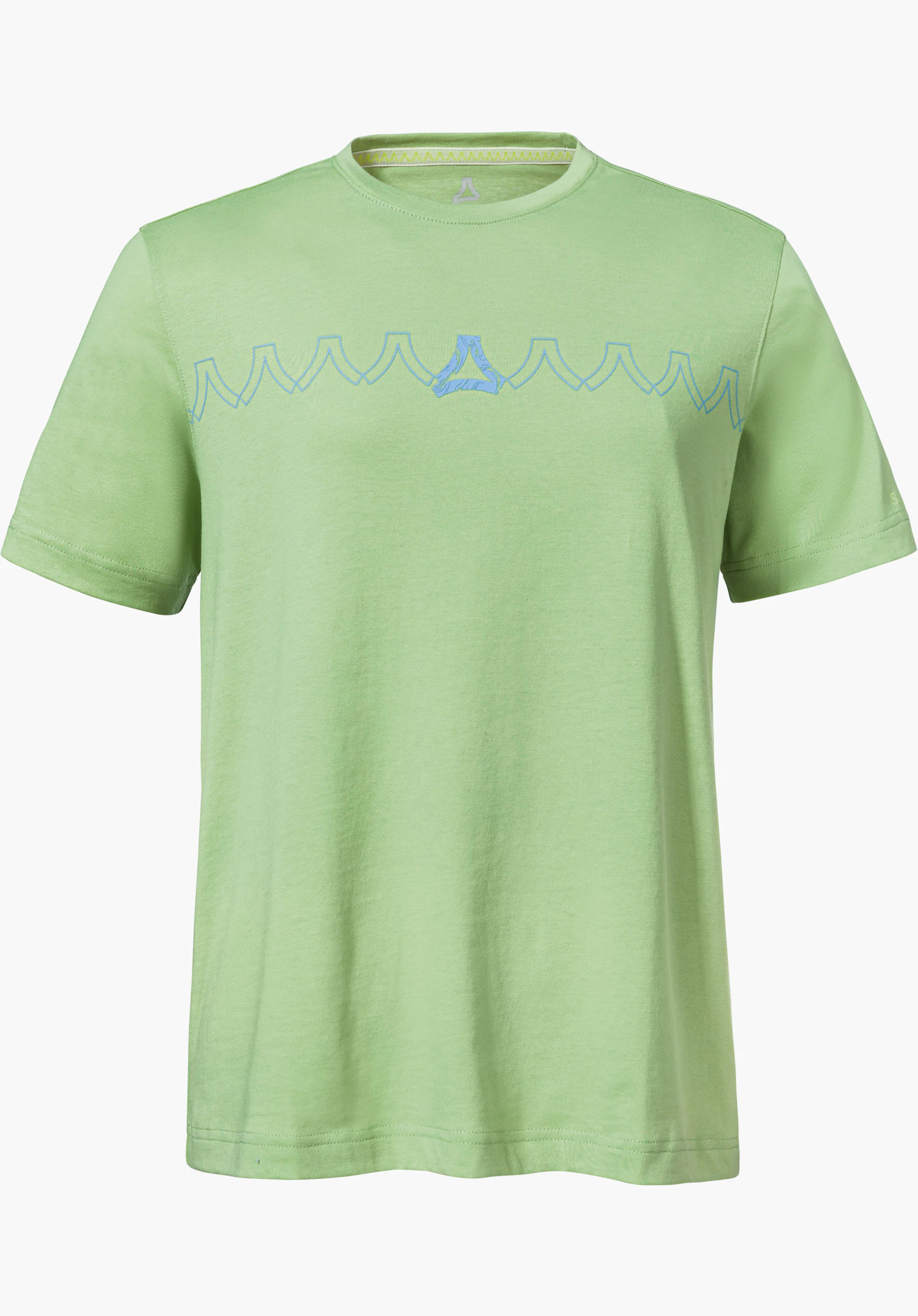 T Shirt Style Elmori WMN en vert avec un motif graphique en zigzag bleu et le logo Schöffel sur la poitrine, détouré sur fond blanc.