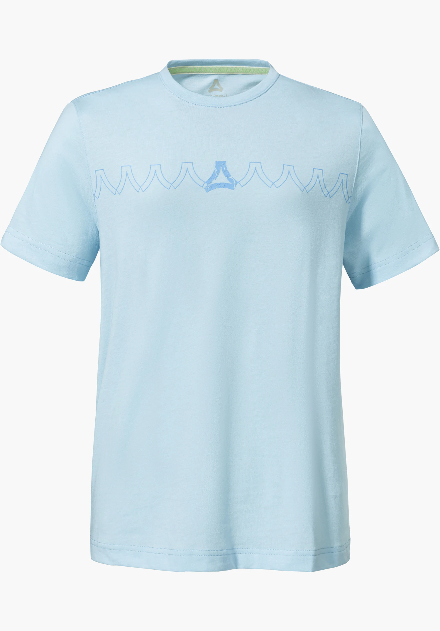 T Shirt Style Elmori WMN en bleu avec un motif en zigzag sur la poitrine et un Schöffel-Logo central, détouré sur fond blanc.