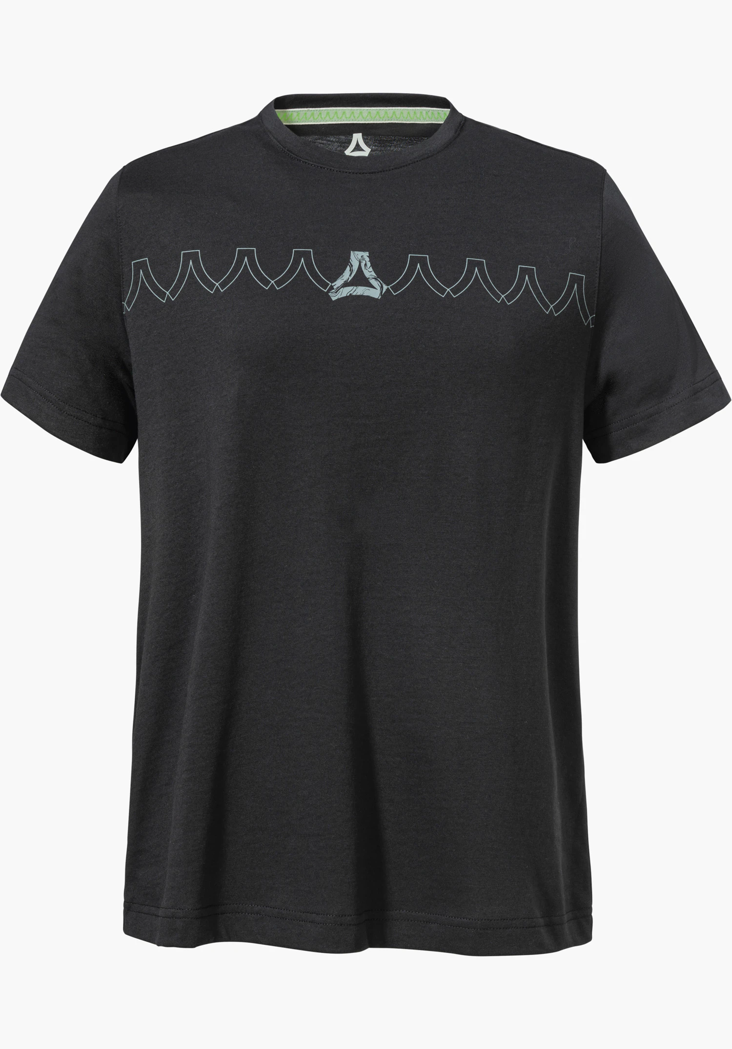 T Shirt Style Elmori WMN in black with a graphic zigzag pattern and the Schöffel logo on the chest, isolated on a white background.