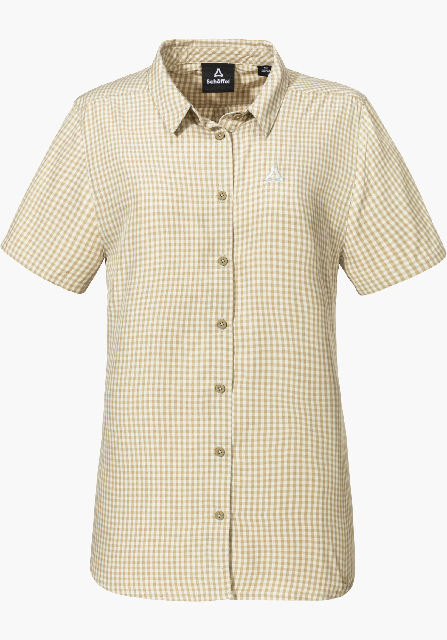 CIRC Blouse Style Dalfoss WMN is shown as a short-sleeved checked blouse in the colour natur with a full button placket and the Schöffel logo on the left chest, isolated against a white background.