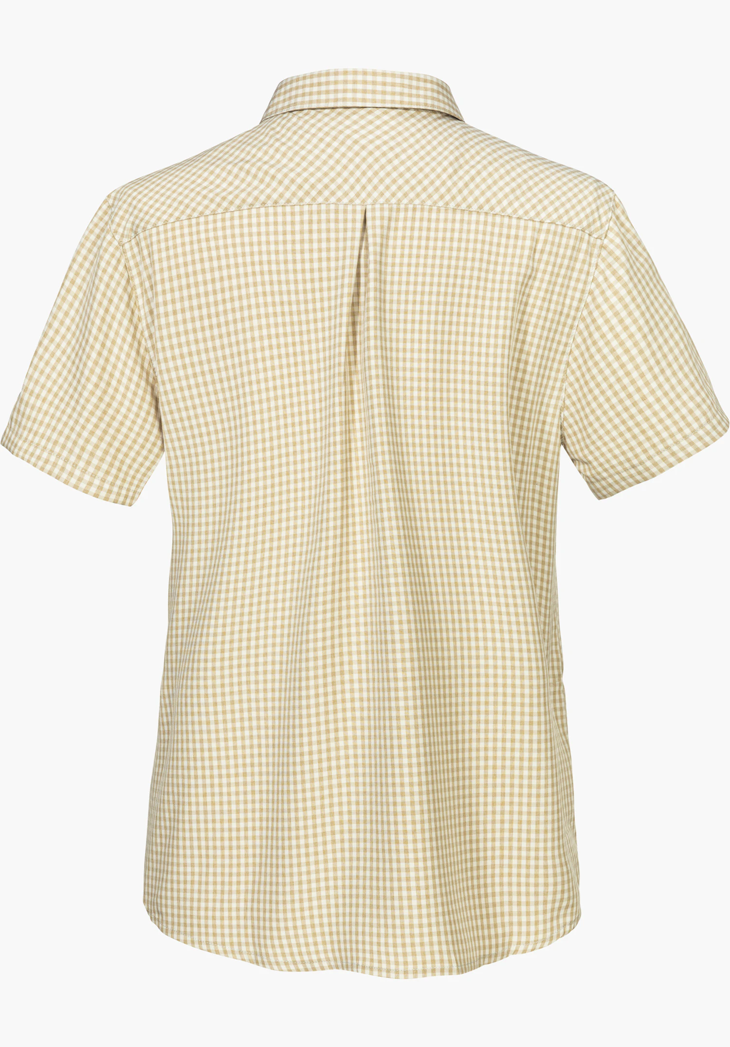 CIRC Blouse Style Dalfoss WMN montre la vue de dos d'un chemisier à carreaux à manches courtes de couleur nature avec un pli central au dos, détouré sur fond blanc.