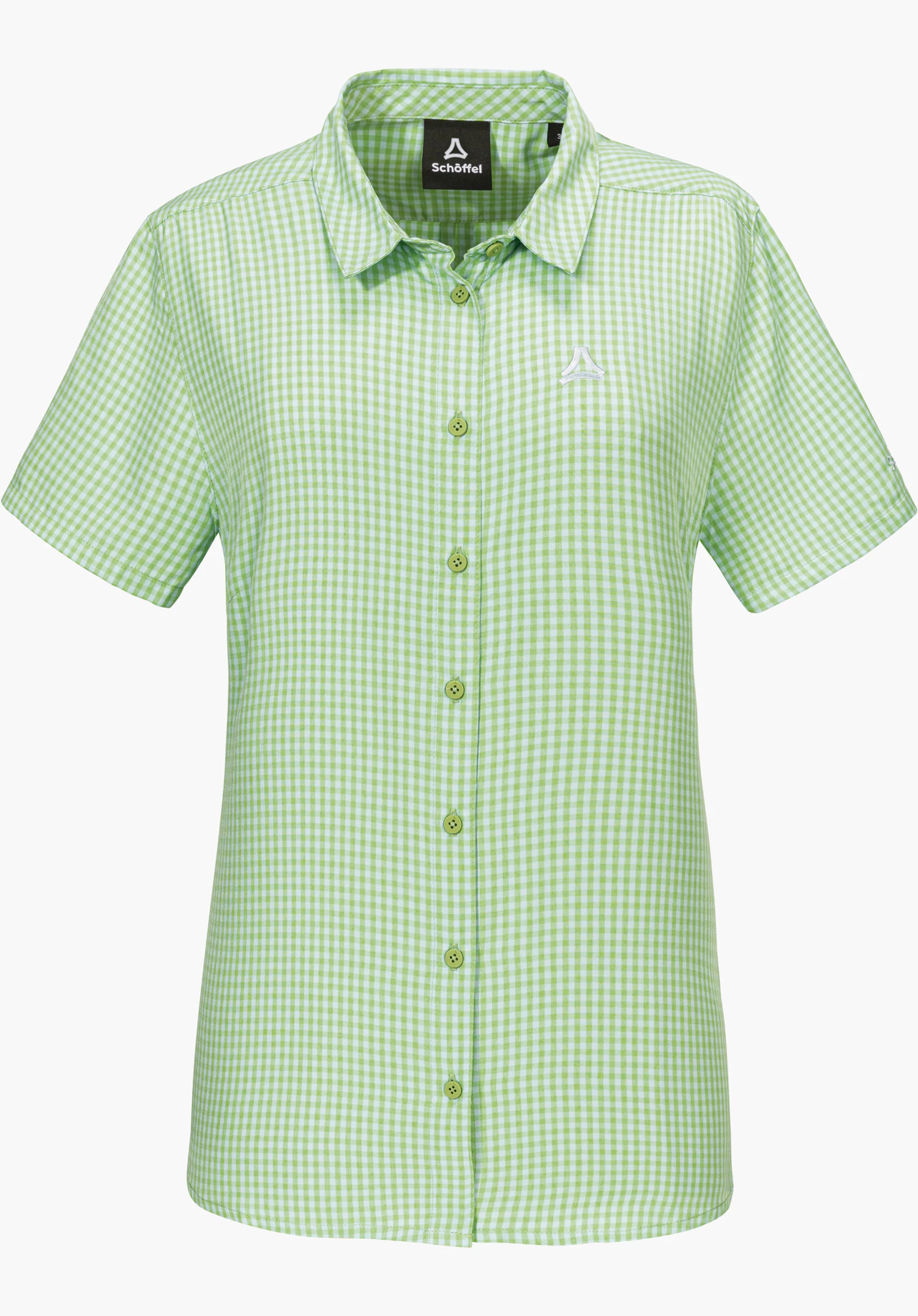 CIRC Blouse Style Dalfoss WMN présentée comme un chemisier à manches courtes à carreaux verts, avec patte de boutonnage et logo Schöffel sur la poitrine gauche, détouré sur fond blanc.