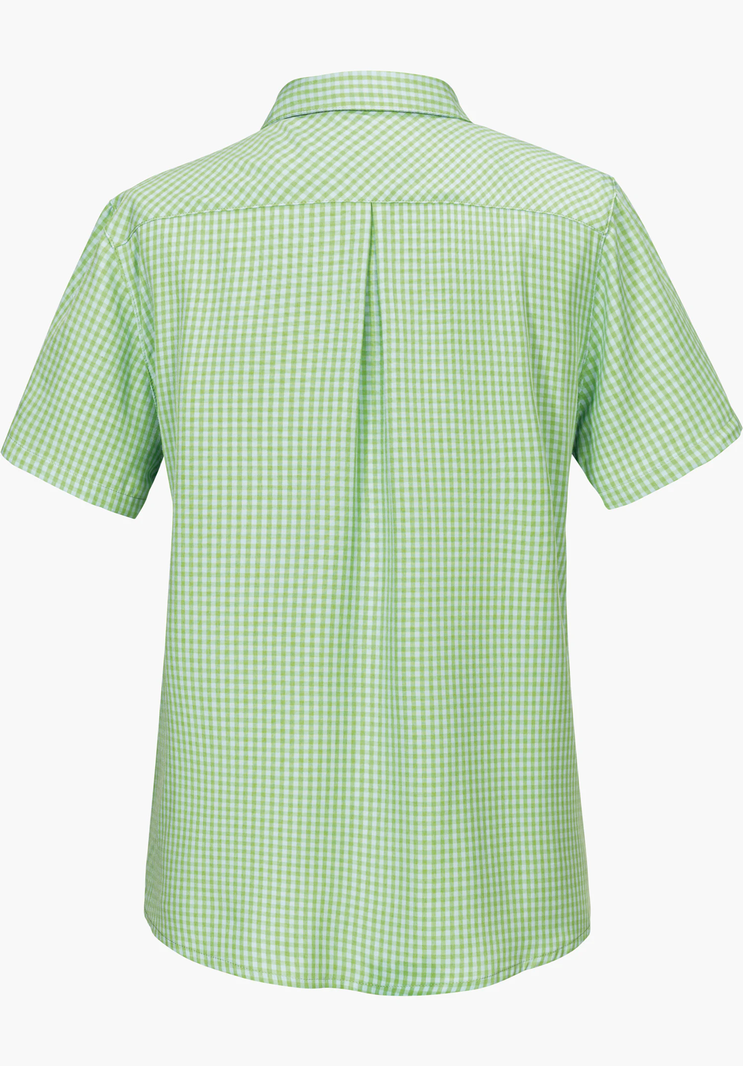 CIRC Blouse Style Dalfoss WMN montre le dos d'un chemisier à manches courtes à carreaux verts et blancs avec un col et un pli au dos, détouré sur fond blanc.