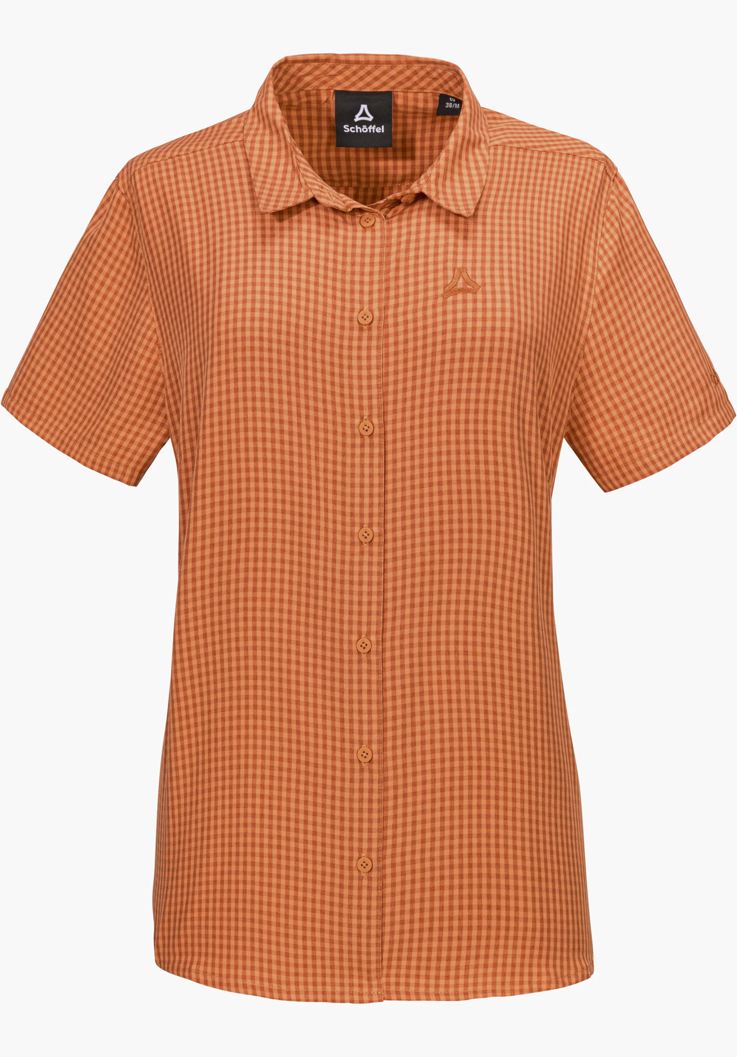 CIRC Blouse Style Dalfoss WMN comme chemisier à manches courtes à carreaux orange avec une patte de boutonnage sur toute la longueur et le logo Schöffel sur la poitrine gauche, isolé sur fond blanc.
