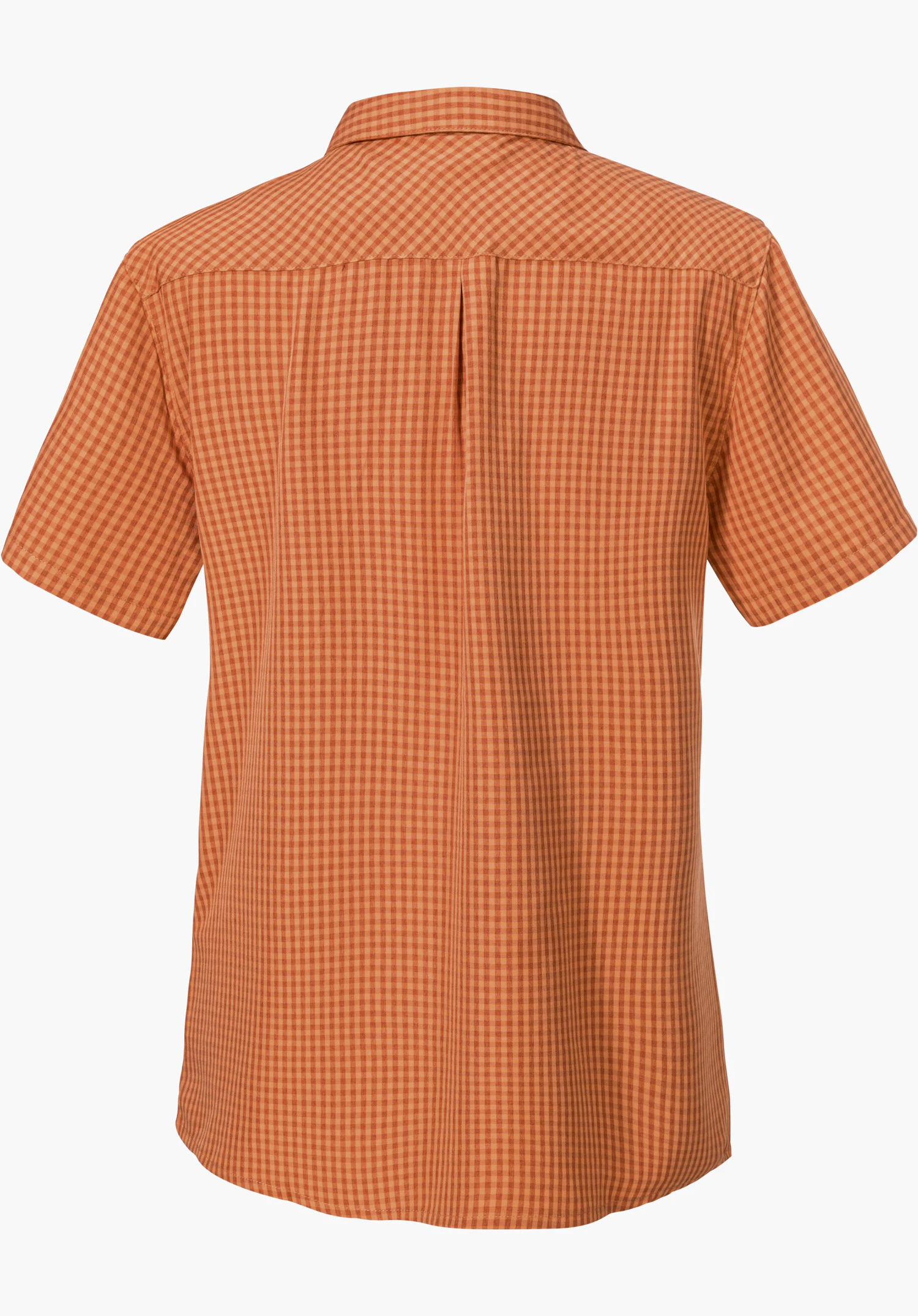CIRC Blouse Style Dalfoss WMN, un chemisier à carreaux orange à manches courtes vu de dos, isolé sur fond blanc.