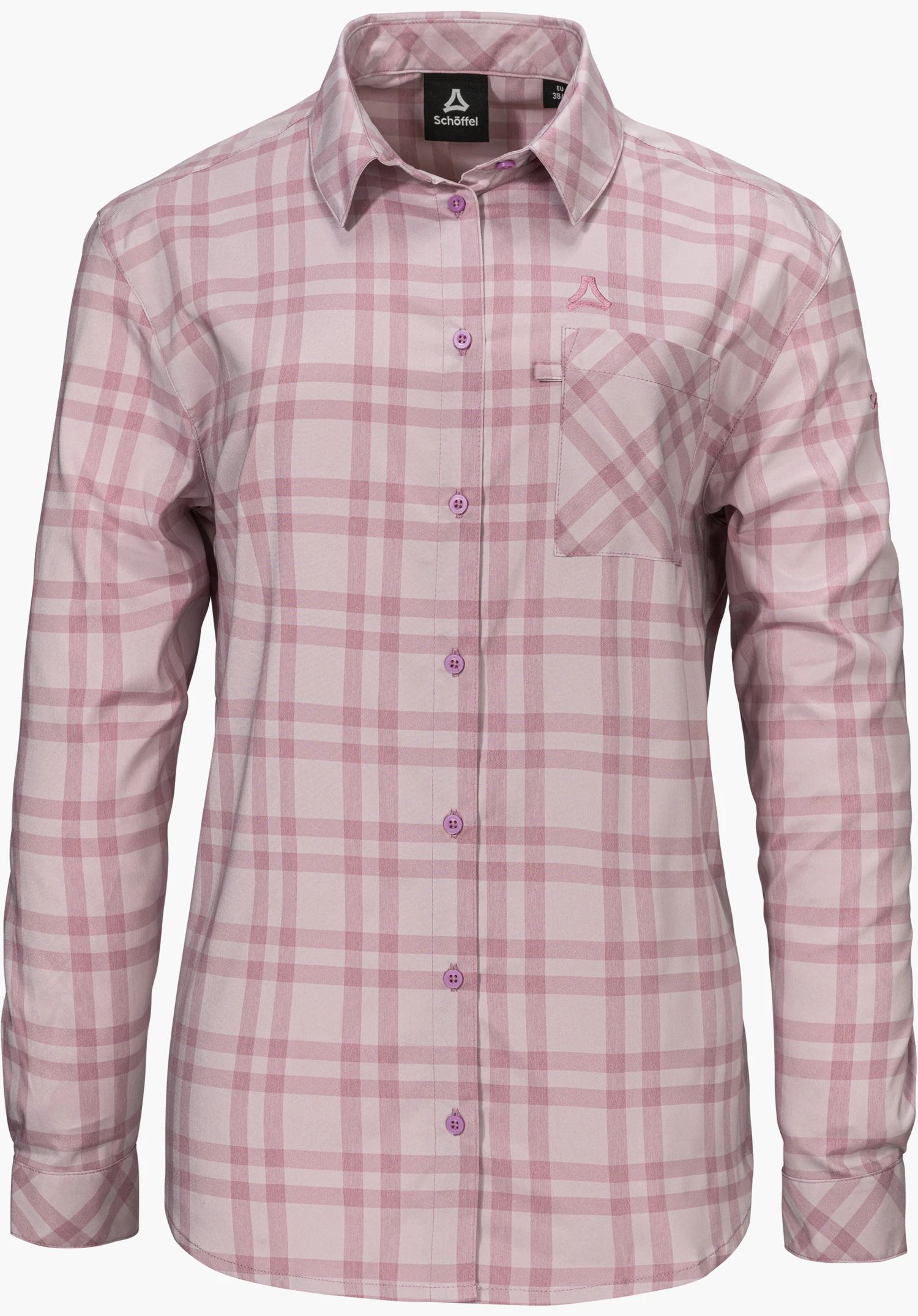Blouse Style Fraris WMN à motif à carreaux roses avec patte de boutonnage sur toute la longueur, poche poitrine et logo Schöffel, détourée sur fond blanc.