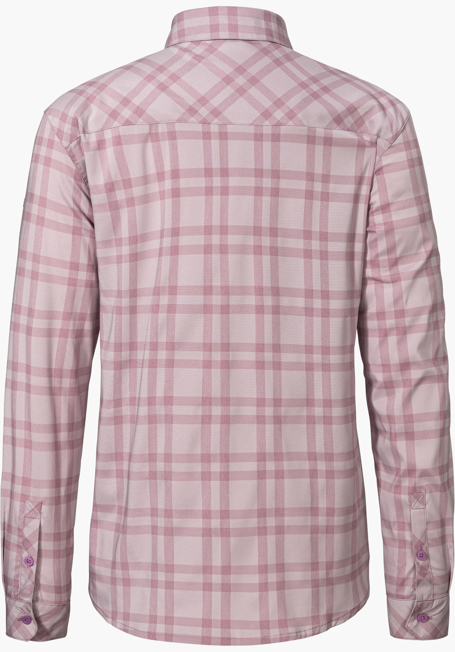 Blouse Style Fraris WMN de couleur rose comme chemise à carreaux à manches longues vue de dos, isolée sur fond blanc.