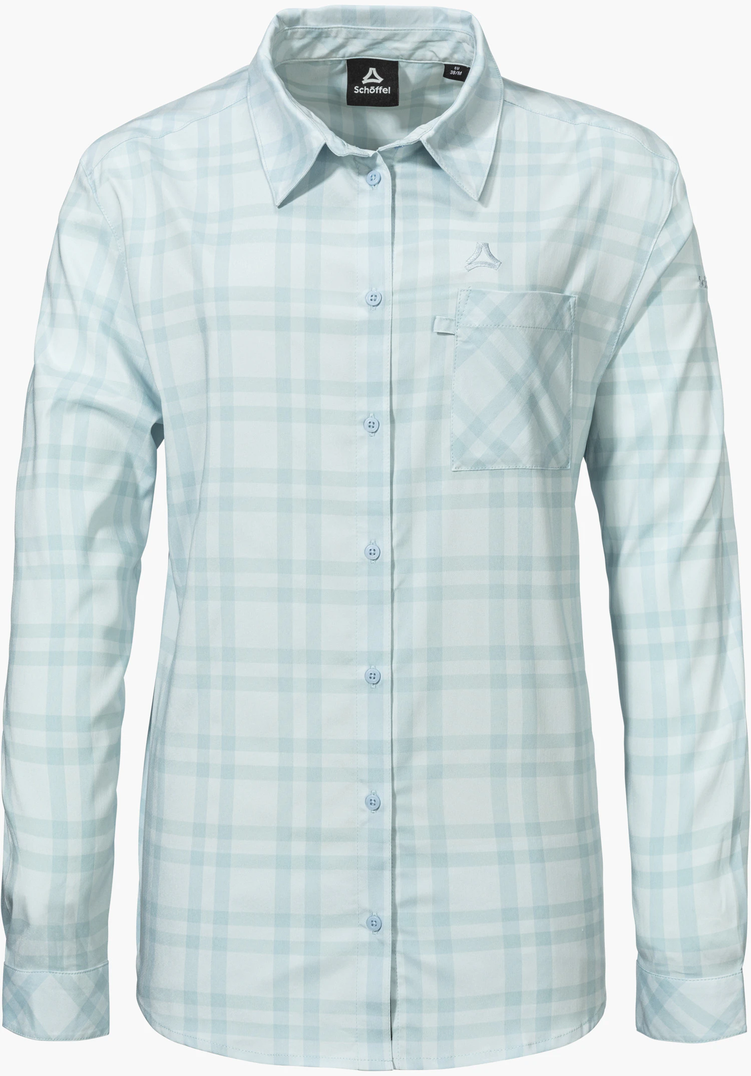 Blouse Style Fraris WMN as a long-sleeved, blue chequered blouse featuring a full-length button placket, a patch chest pocket and a subtly embroidered Schöffel logo, isolated against a white background.