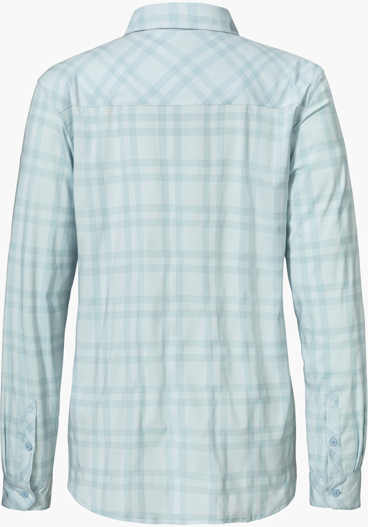 Blouse Style Fraris WMN shows the back of the blue checked blouse, isolated on a white background.