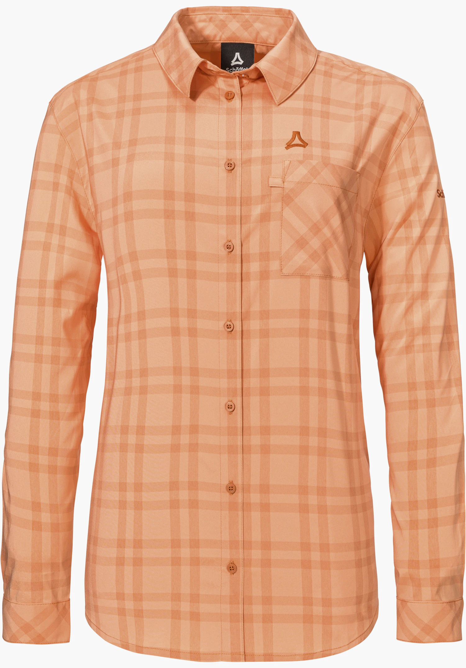 Blouse Style Fraris WMN in Orange mit feinem Karomuster, durchgehender Knopfleiste, aufgesetzter Brusttasche und Schöffel-Logo, freigestellt vor weißem Hintergrund.