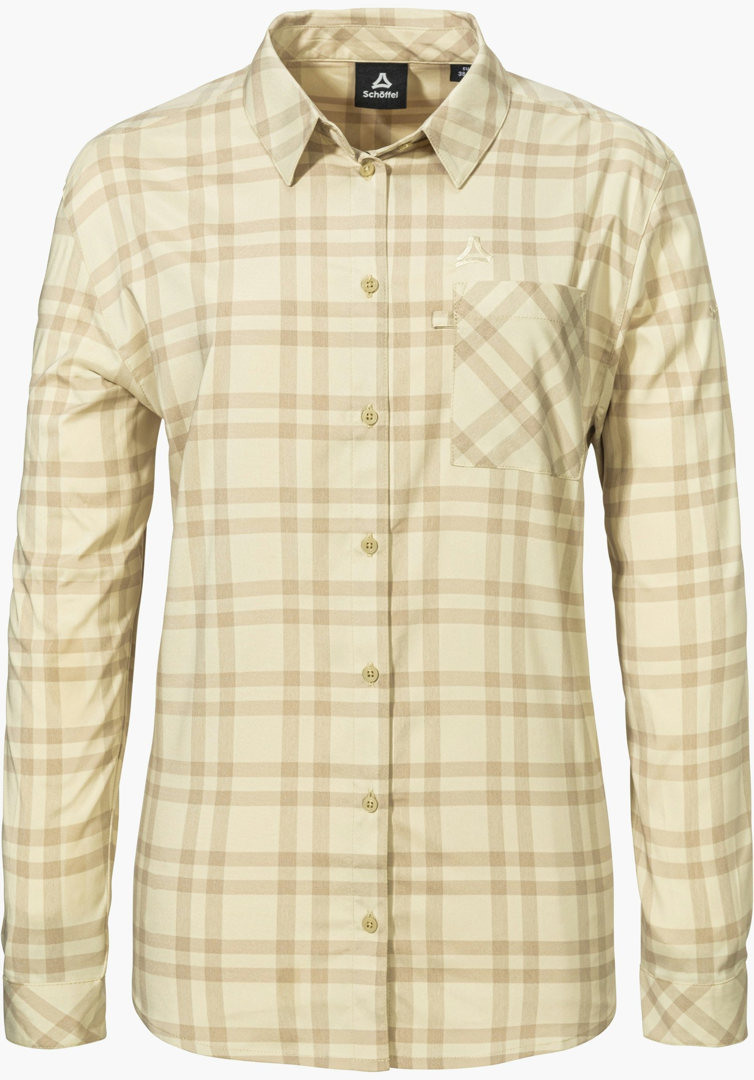 Blouse Style Fraris WMN en beige comme chemisier à manches longues à carreaux avec patte de boutonnage, poche poitrine et logo Schöffel, détourée sur fond blanc.