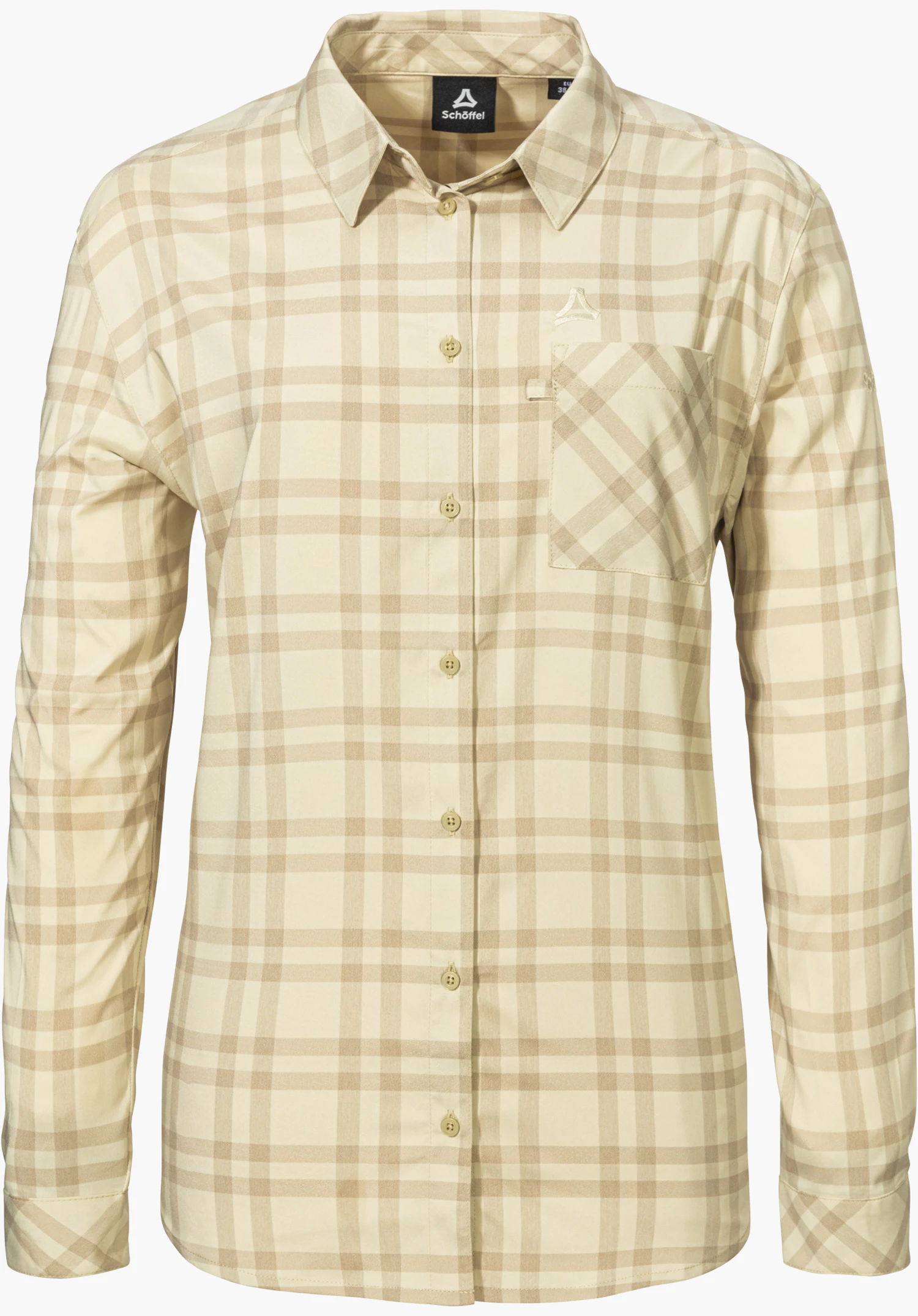 Blouse Style Fraris WMN en beige comme chemisier à manches longues à carreaux avec patte de boutonnage, poche poitrine et logo Schöffel, détourée sur fond blanc.
