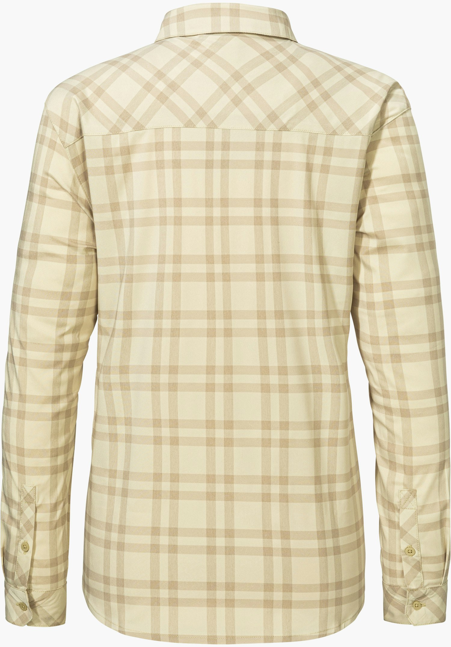 Blouse Style Fraris WMN, un chemisier à carreaux beiges à manches longues vu de dos, isolé sur fond blanc.