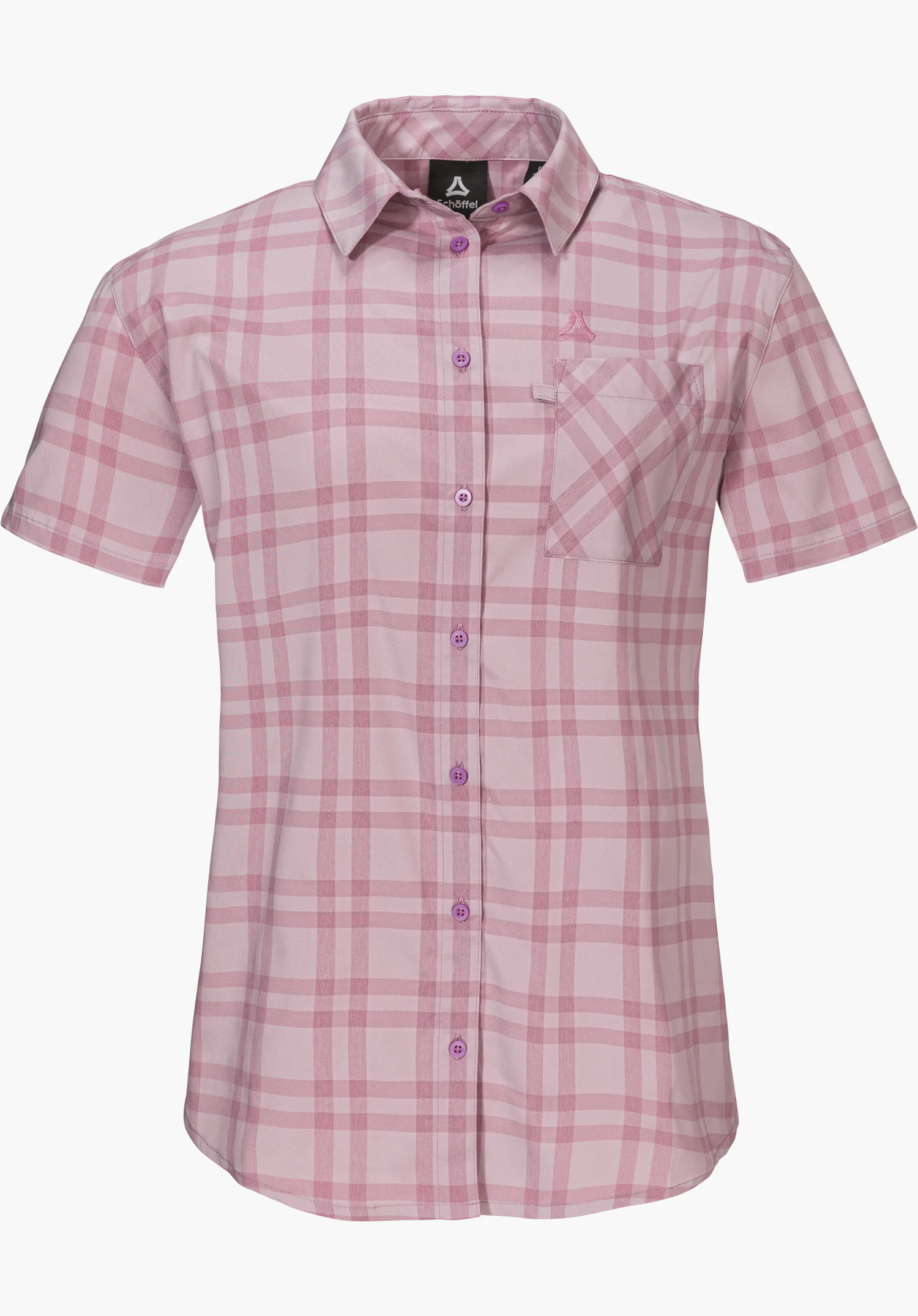 Blouse Style Frolya WMN sous forme de chemisier à manches courtes à carreaux en rose avec patte de boutonnage, poche poitrine et logo Schöffel brodé, détouré sur fond blanc.