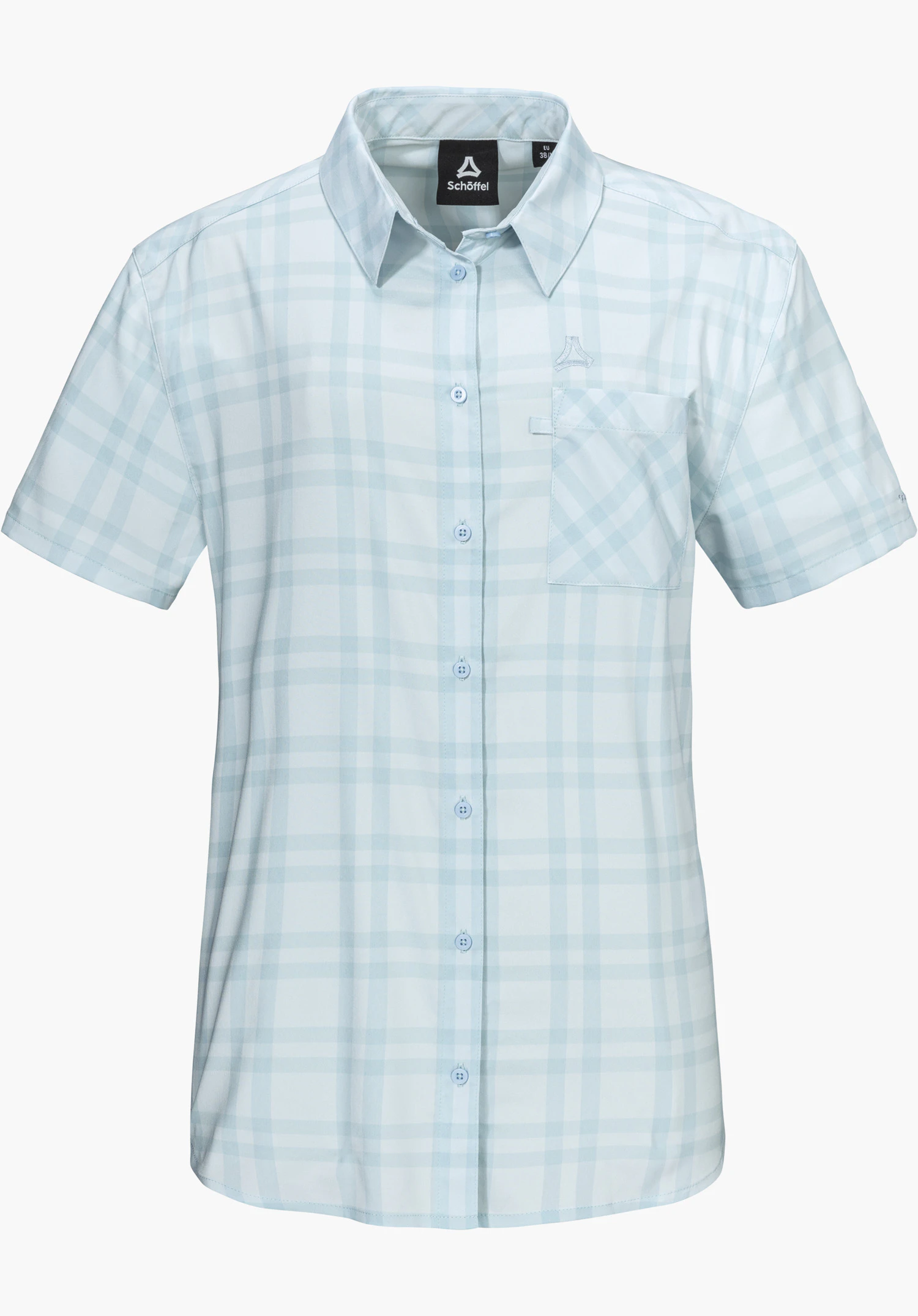 Blouse Style Frolya WMN se présente comme un chemisier à manches courtes à carreaux bleu avec patte de boutonnage sur toute la longueur, poche poitrine et logo Schöffel, détouré sur fond blanc.