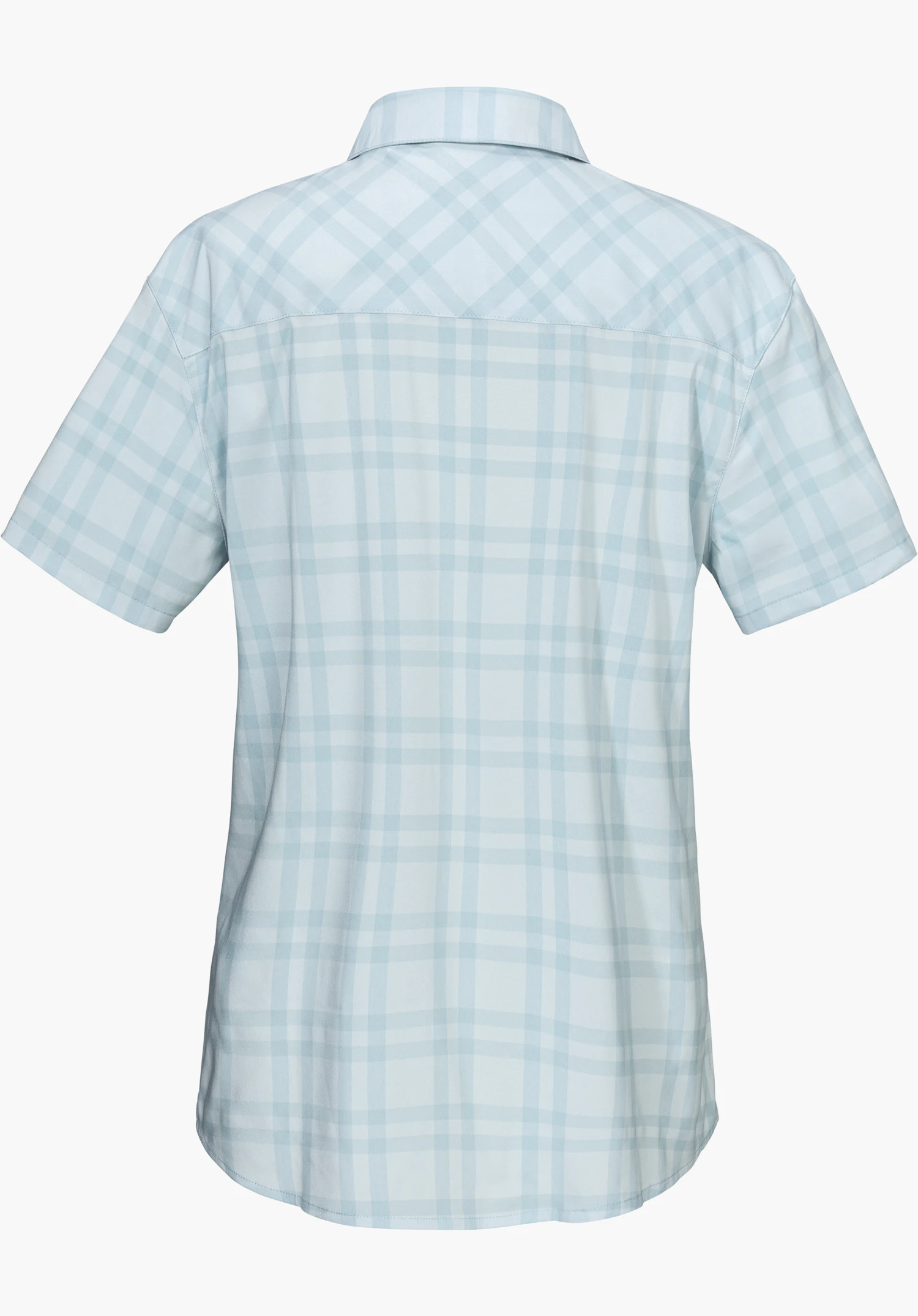 Blouse Style Frolya WMN montre la vue de dos d'un chemisier à carreaux bleu à manches courtes, détouré sur fond blanc.