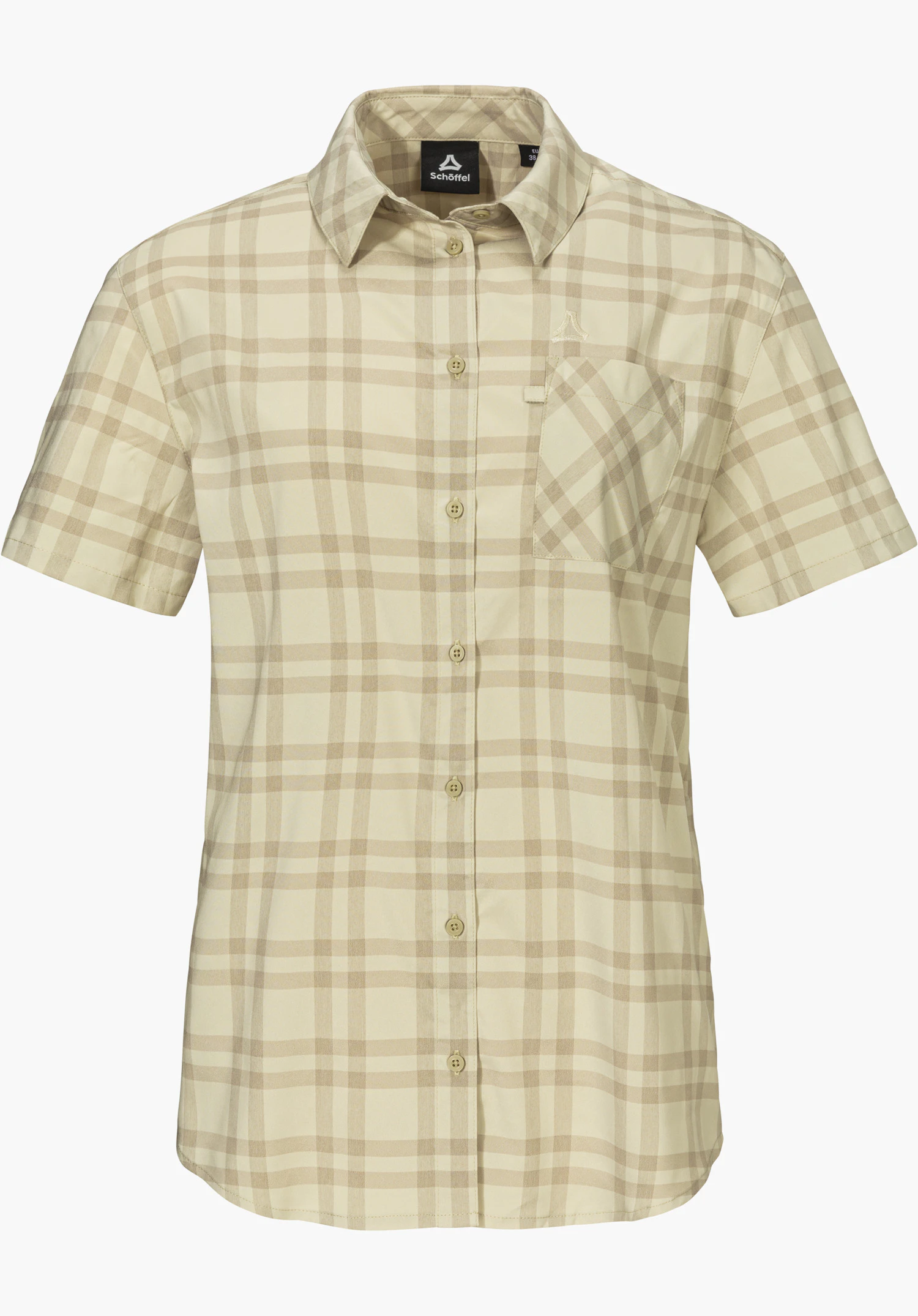 Blouse Style Frolya WMN se présente comme une chemise à manches courtes à carreaux beiges avec une patte de boutonnage sur toute la longueur, une poche poitrine et un subtil logo Schöffel, détourée sur fond blanc.