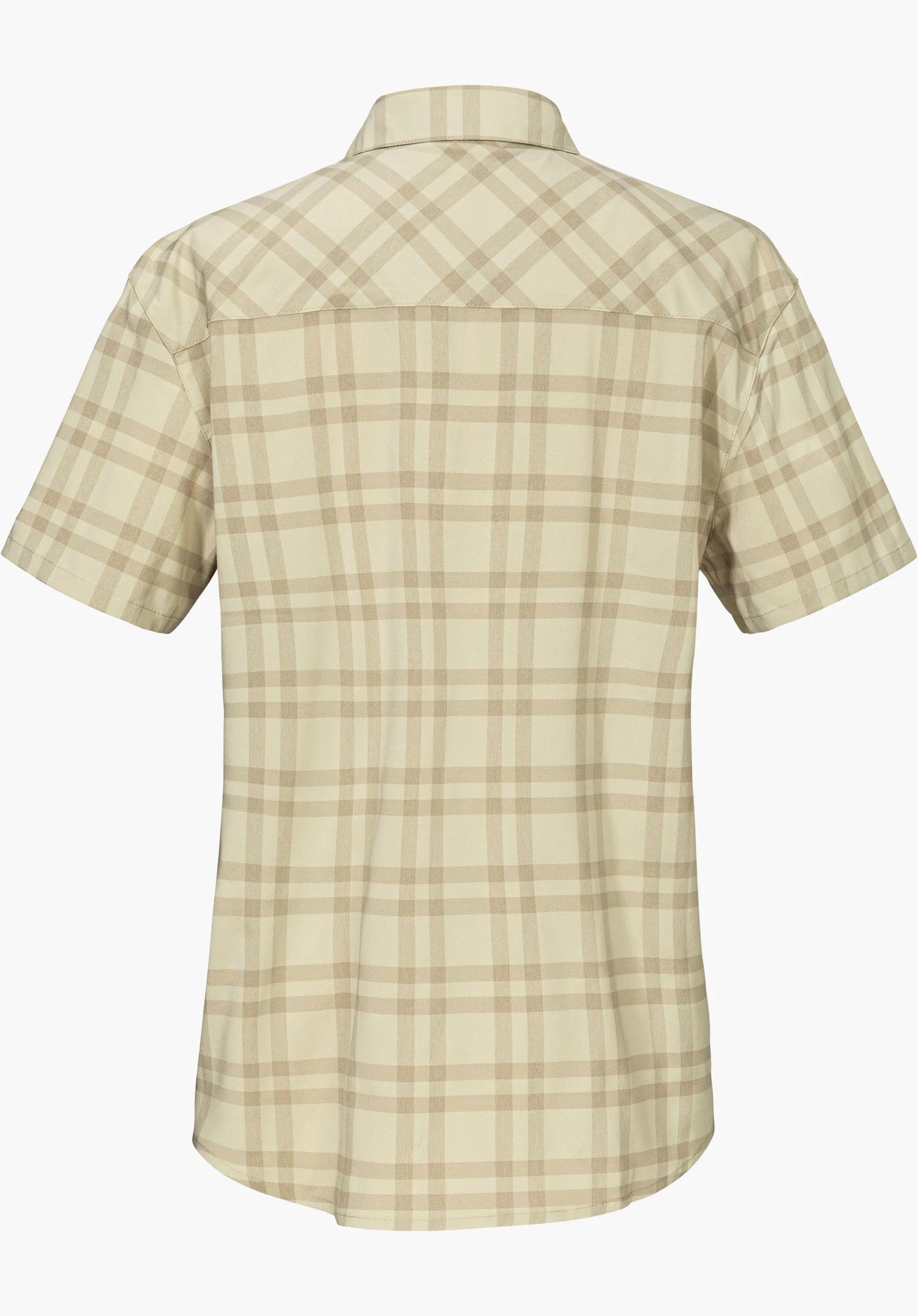 Blouse Style Frolya WMN in Beige zeigt die Rückseite einer kurzärmligen, karierten Bluse, freigestellt vor weißem Hintergrund.