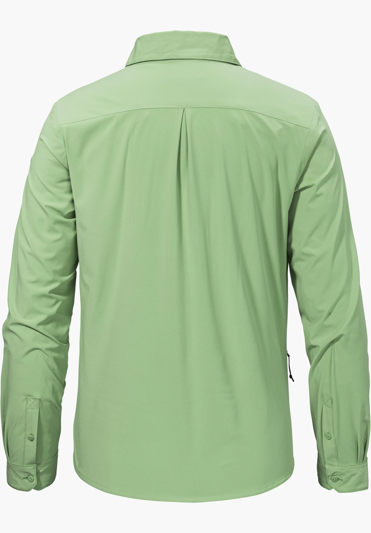 Blouse Style Dunajec WMN in der Farbe Grün zeigt die Rückansicht einer langärmligen Bluse mit Kragen und Rückenfalte, freigestellt vor weißem Hintergrund.