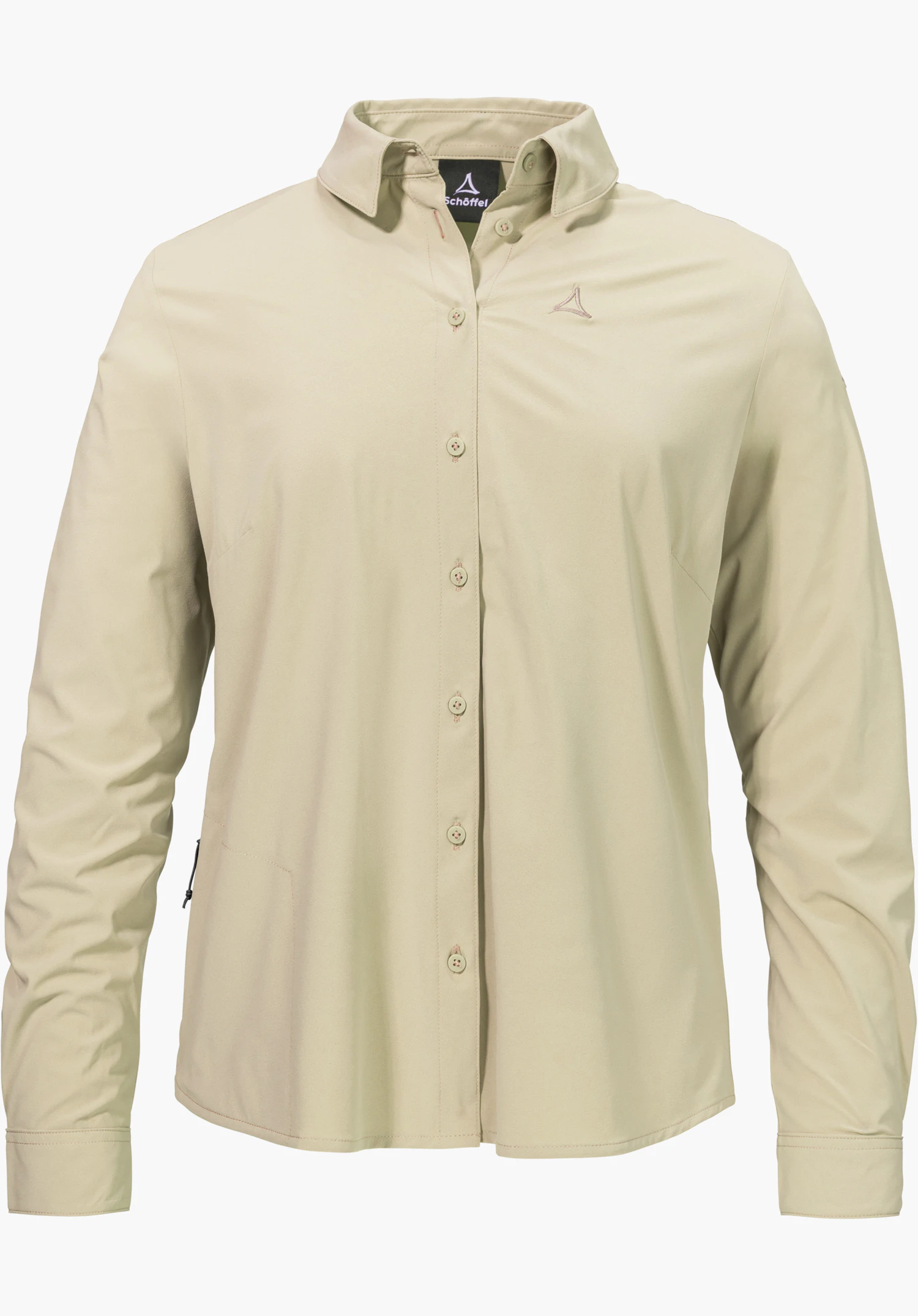 Blouse Style Dunajec WMN sous forme de chemisier à manches longues beige avec patte de boutonnage et logo Schöffel sur la poitrine gauche, détouré sur fond blanc.