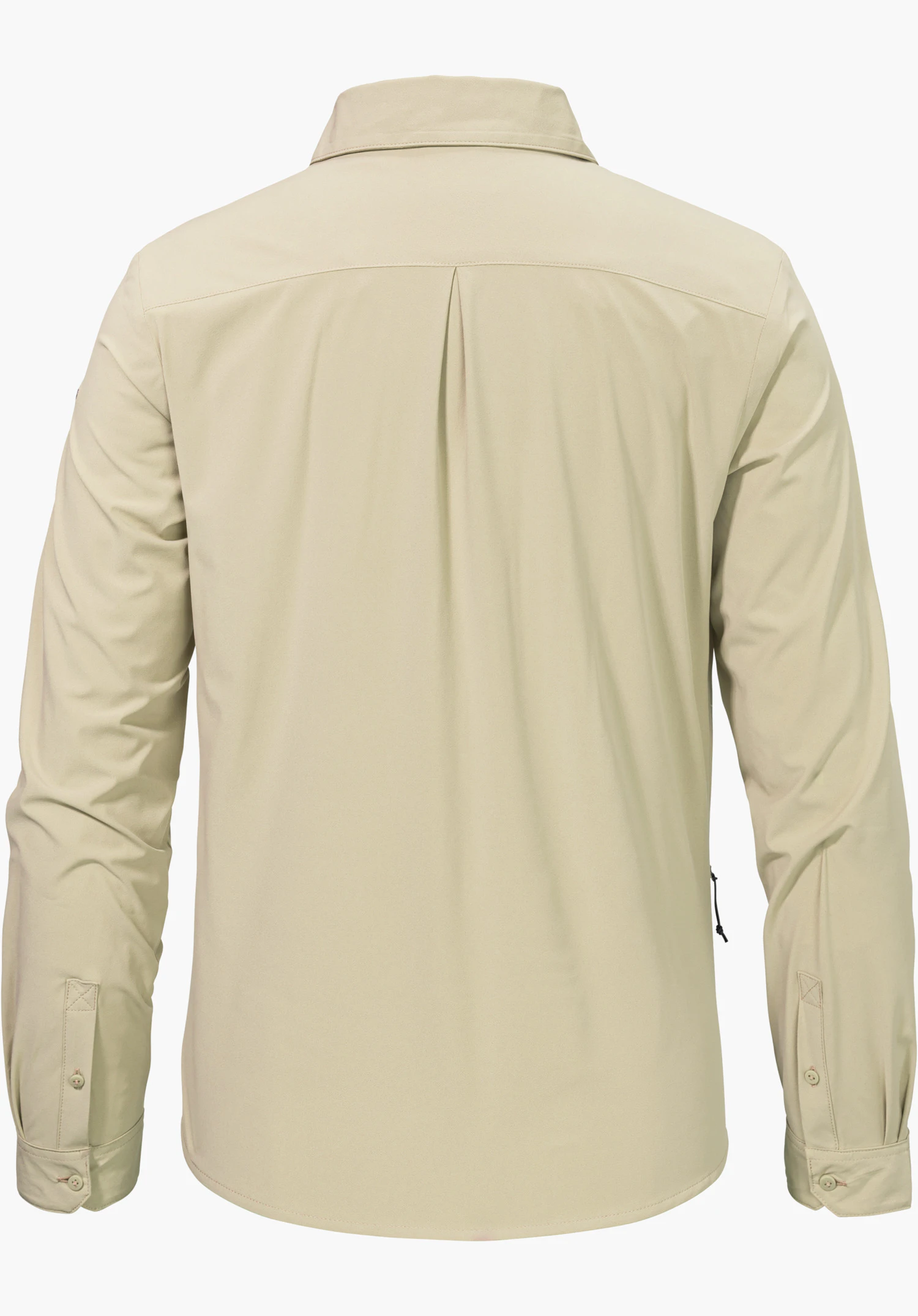 Blouse Style Dunajec WMN en beige, vue de dos avec col, manches longues et pli creux au milieu du dos, détourée sur fond blanc.
