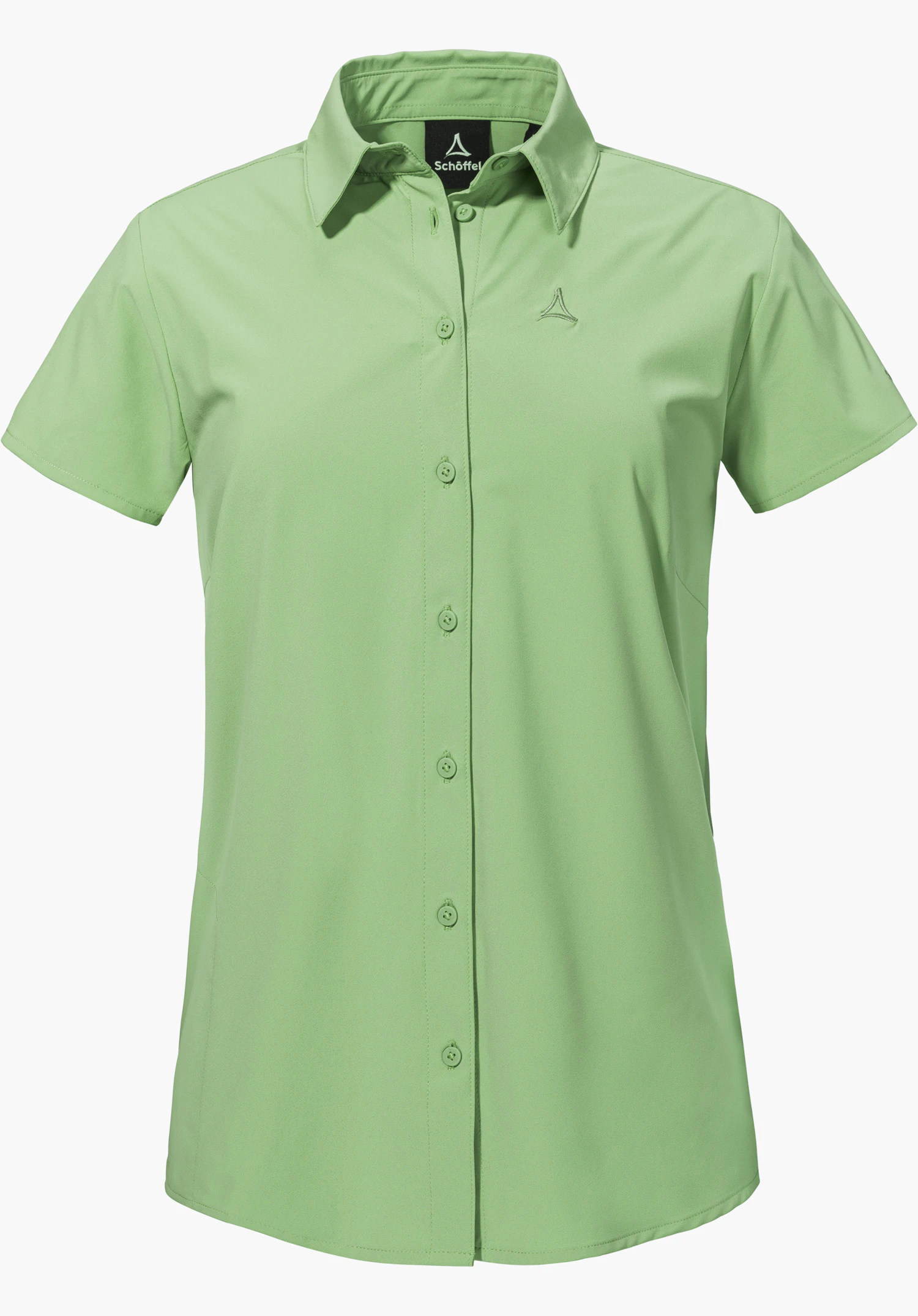 Blouse Style Dooser WMN sous forme de chemisier vert à manches courtes avec une patte de boutonnage sur toute la longueur, un col et un logo Schöffel discret sur la poitrine gauche, détouré sur fond blanc.