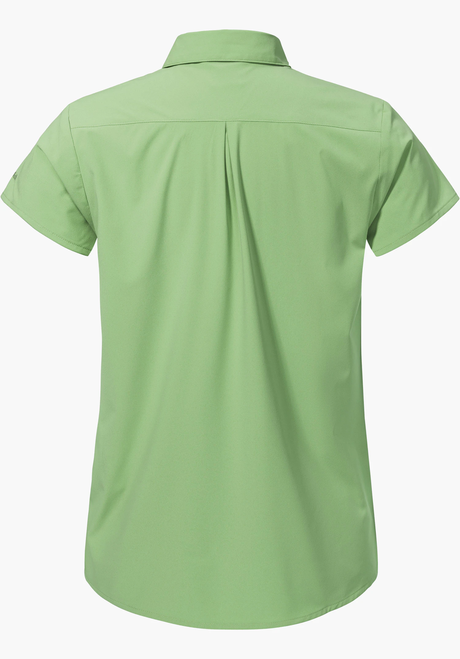 Blouse Style Dooser WMN en vert montre la vue de dos avec un col et un pli fluide dans le dos, isolée sur fond blanc.